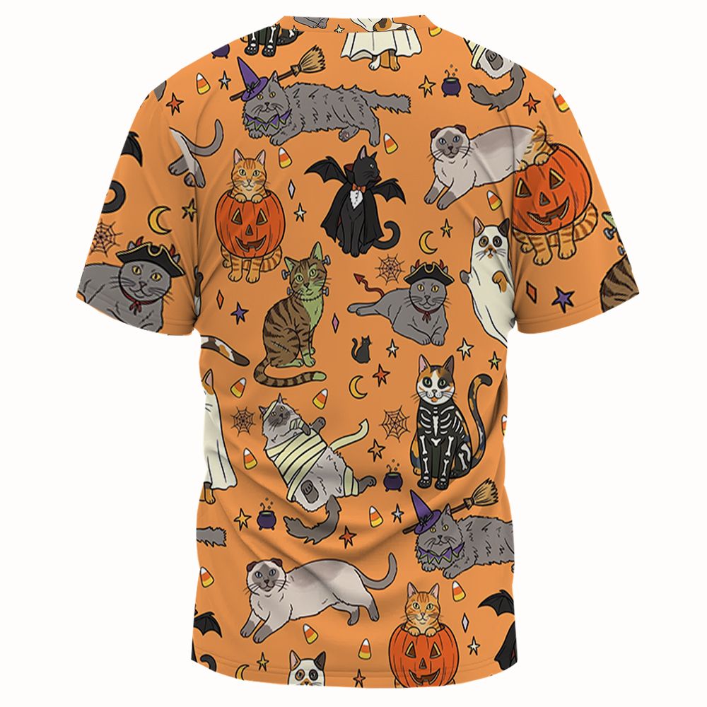 Spooky Orange Halloween Costume Cats Pattern Full Print Unisex T-Shirt - - 2