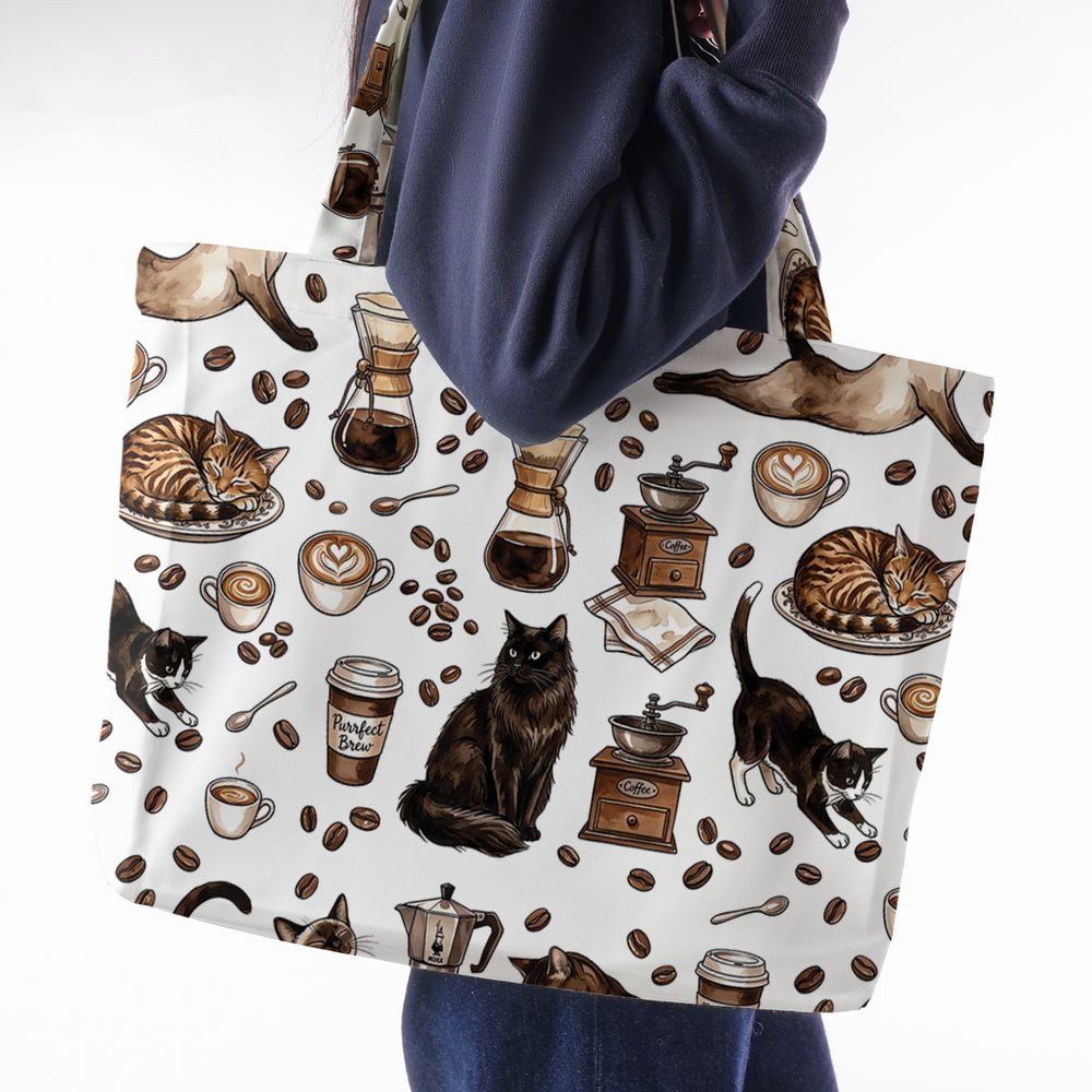 Cat and Coffee Large Tote Bag - - 2