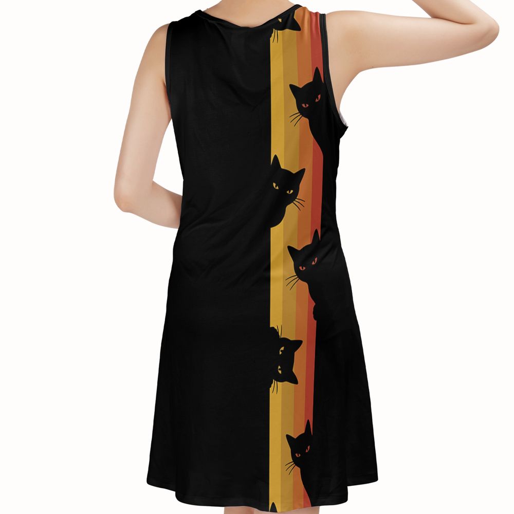 Retro Sunset Peeking Black Cat Sleeveless Dress - - 2