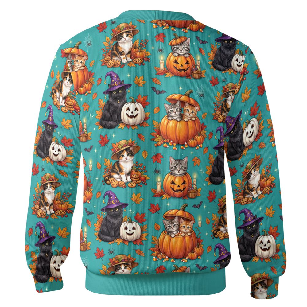 Festive Fall Pumpkin & Witch Cat Cardigan - - 2