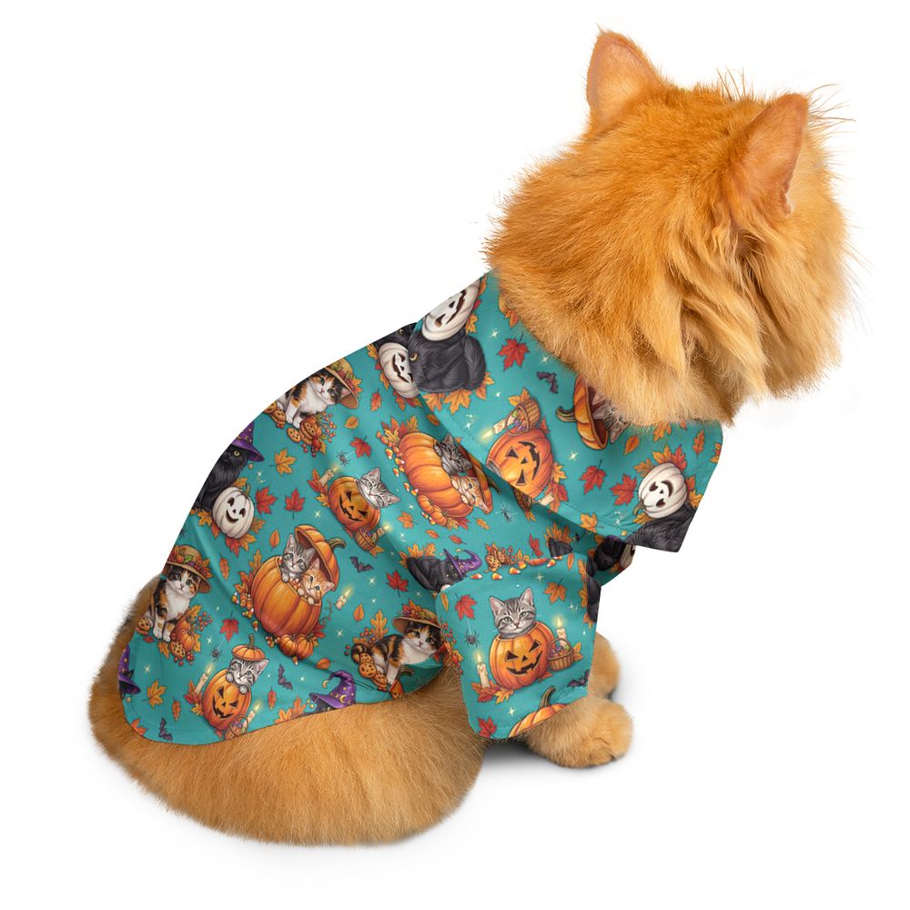 Festive Fall Pumpkin & Witch Cat Pet Hawaiian Shirt - - 2