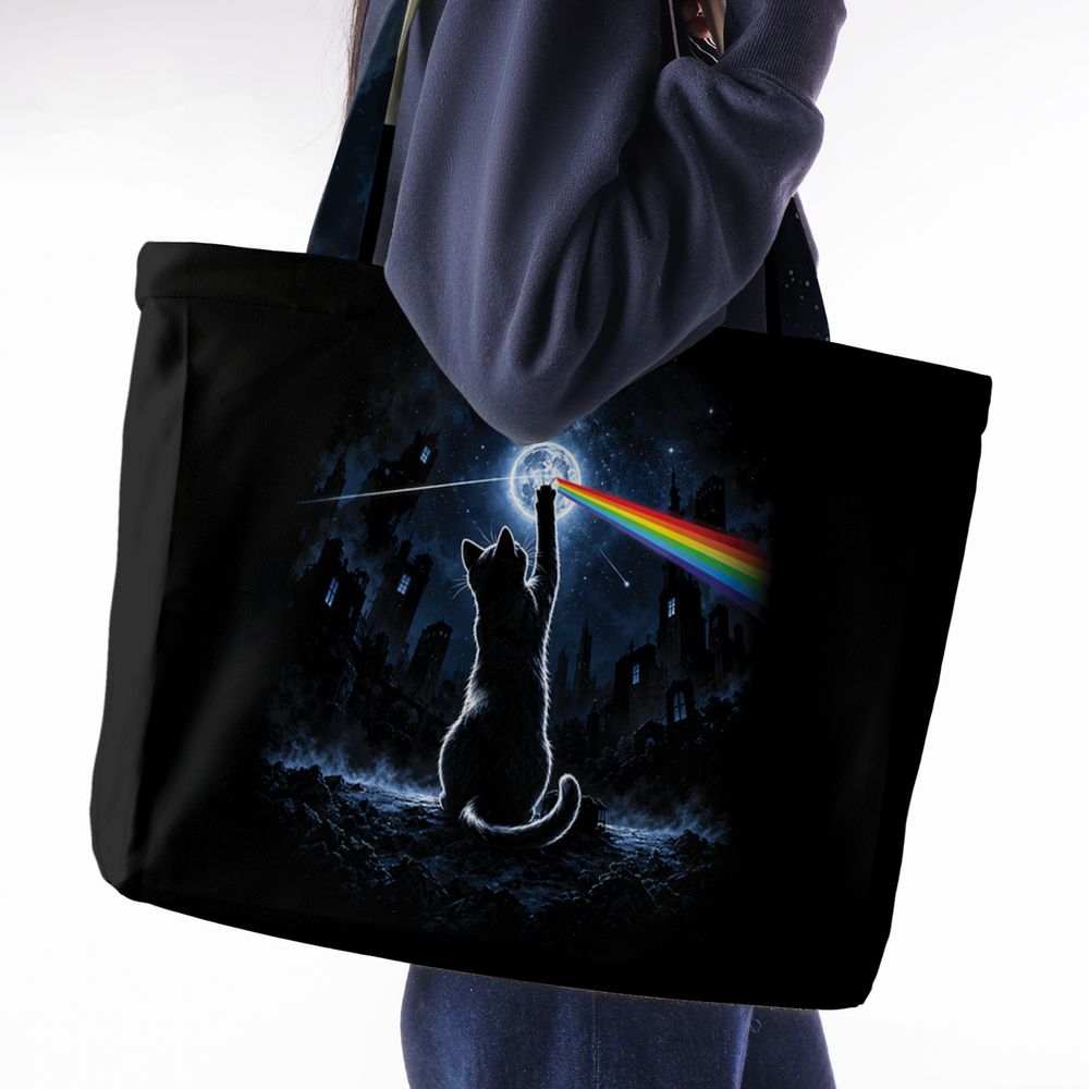 Cosmic Rainbow Moon Cat Silhouette Large Tote Bag - - 2