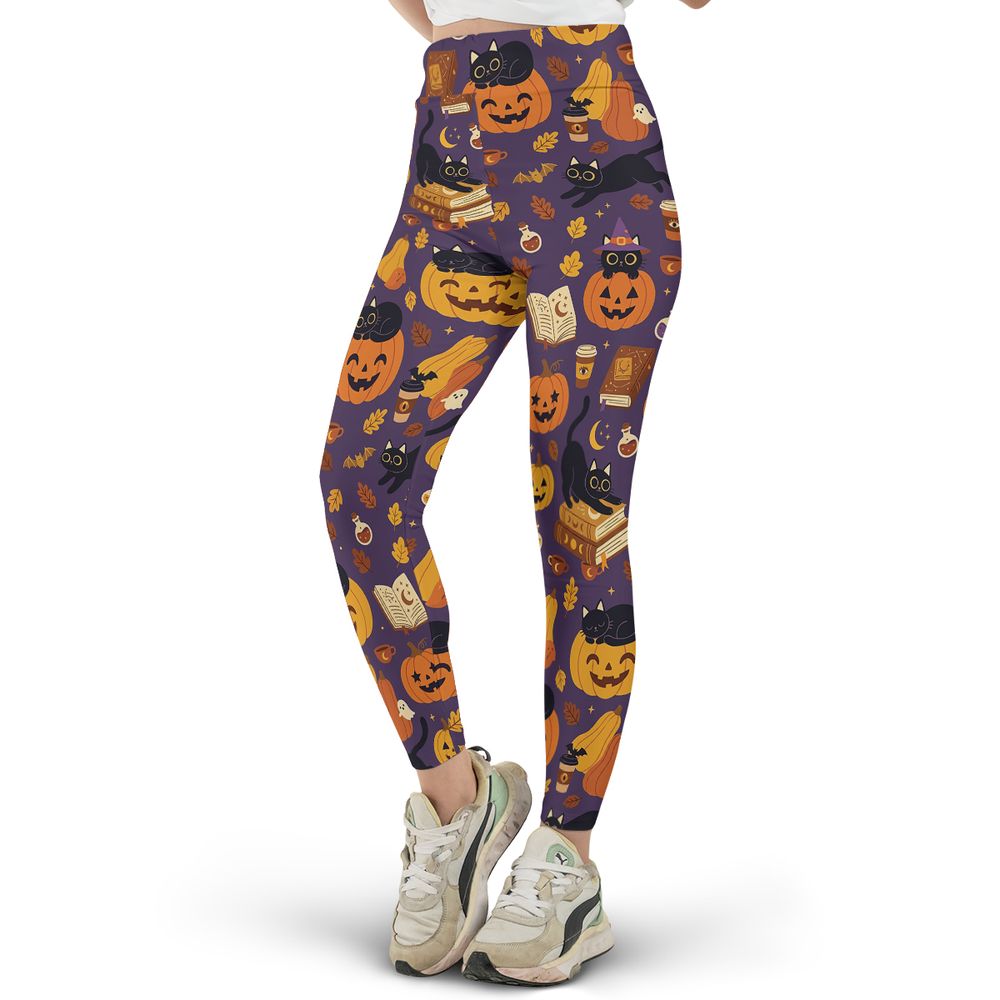 Purple Spooky Black Cat & Pumpkin Magic Full Print Legging - - 2