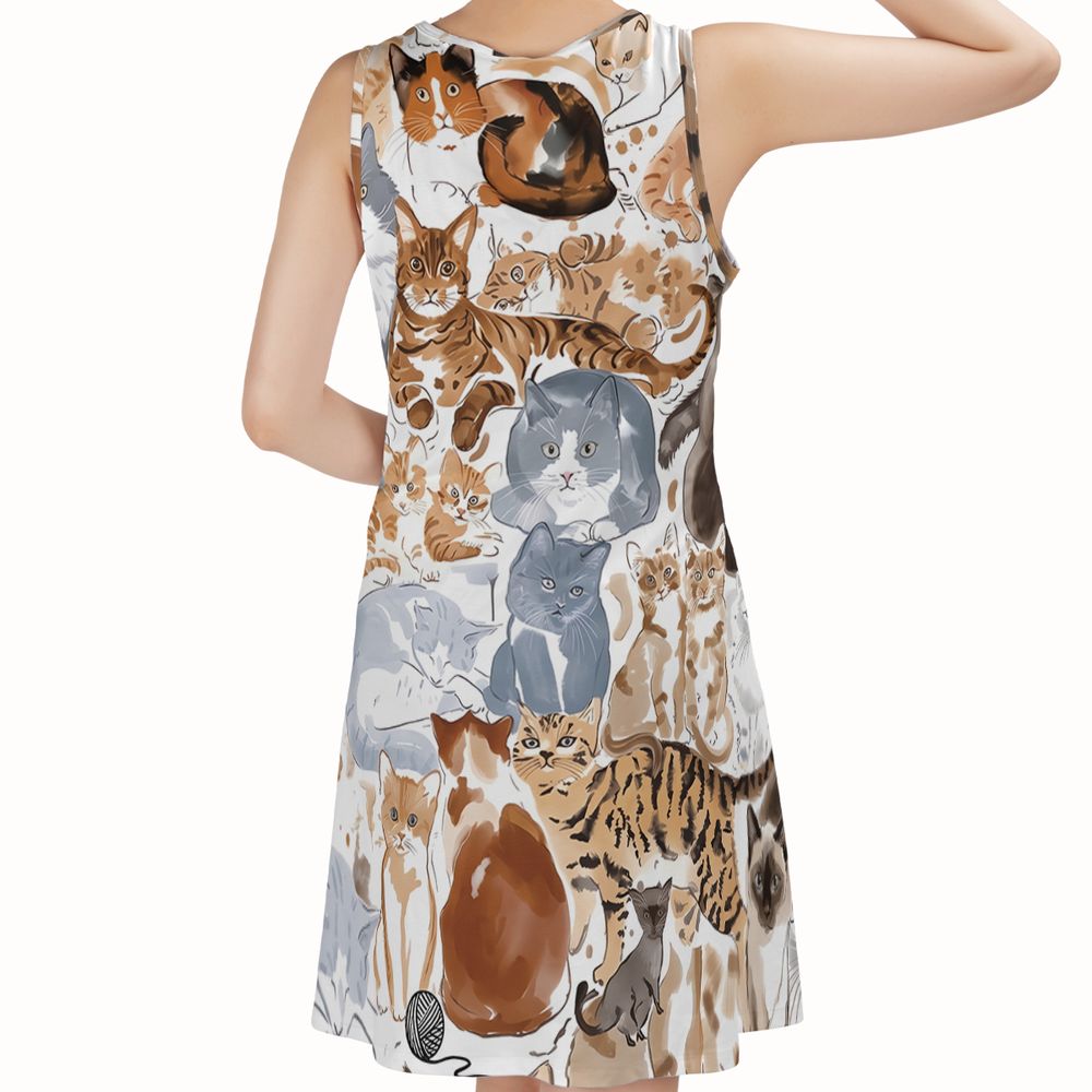Watercolor cat Sleeveless Dress - - 2