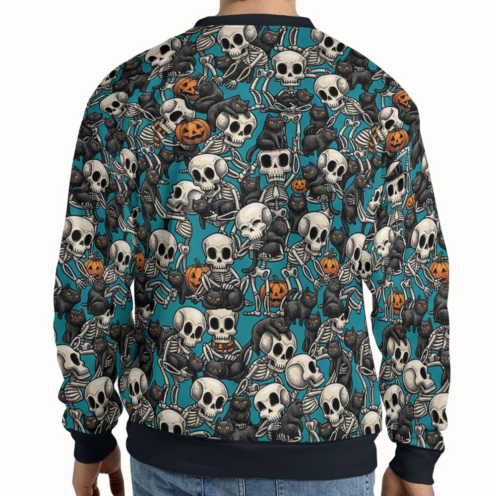 Black Cat Skeleton Halloween Full Print Sweatshirt - - 2