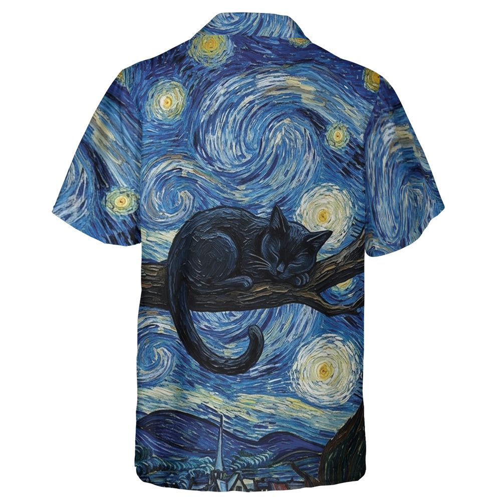 Starry Night and Black Cat Hawaiian Shirt - - 2