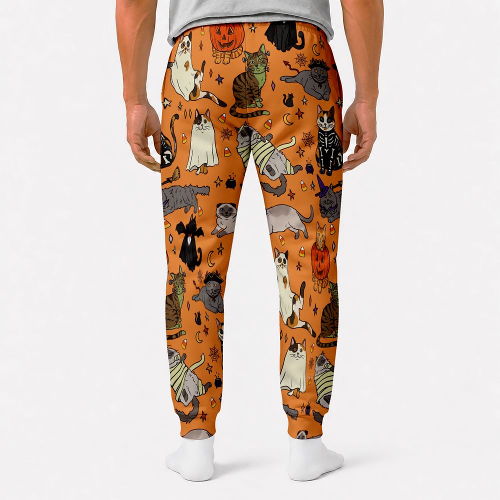 Spooky Orange Halloween Costume Cats Pattern Sweatpants - - 2