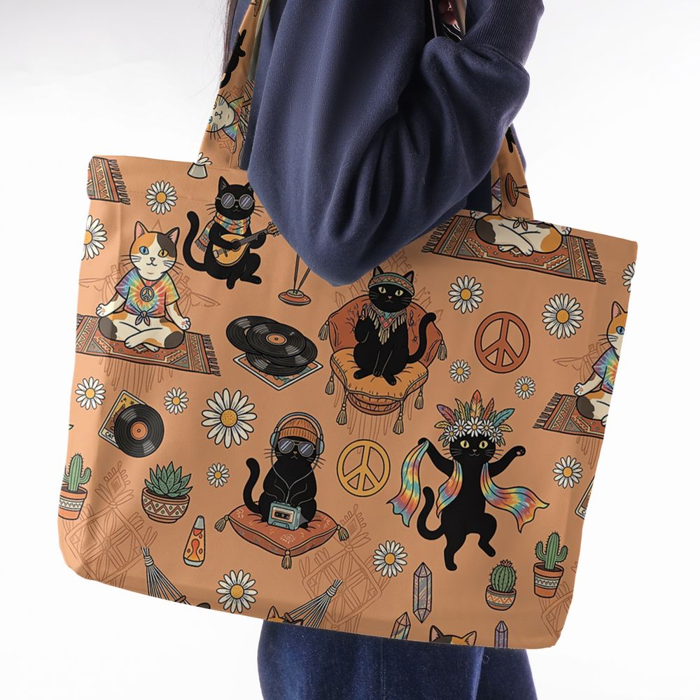 Hippie and Cat Large Tote Bag - - 2