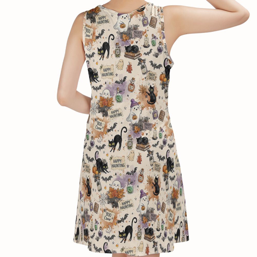 Happy Haunting Black Cat & Potion Spooky Sleeveless Dress - - 2
