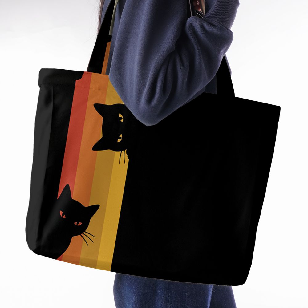 Retro Sunset Peeking Black Cat Large Tote Bag - - 2