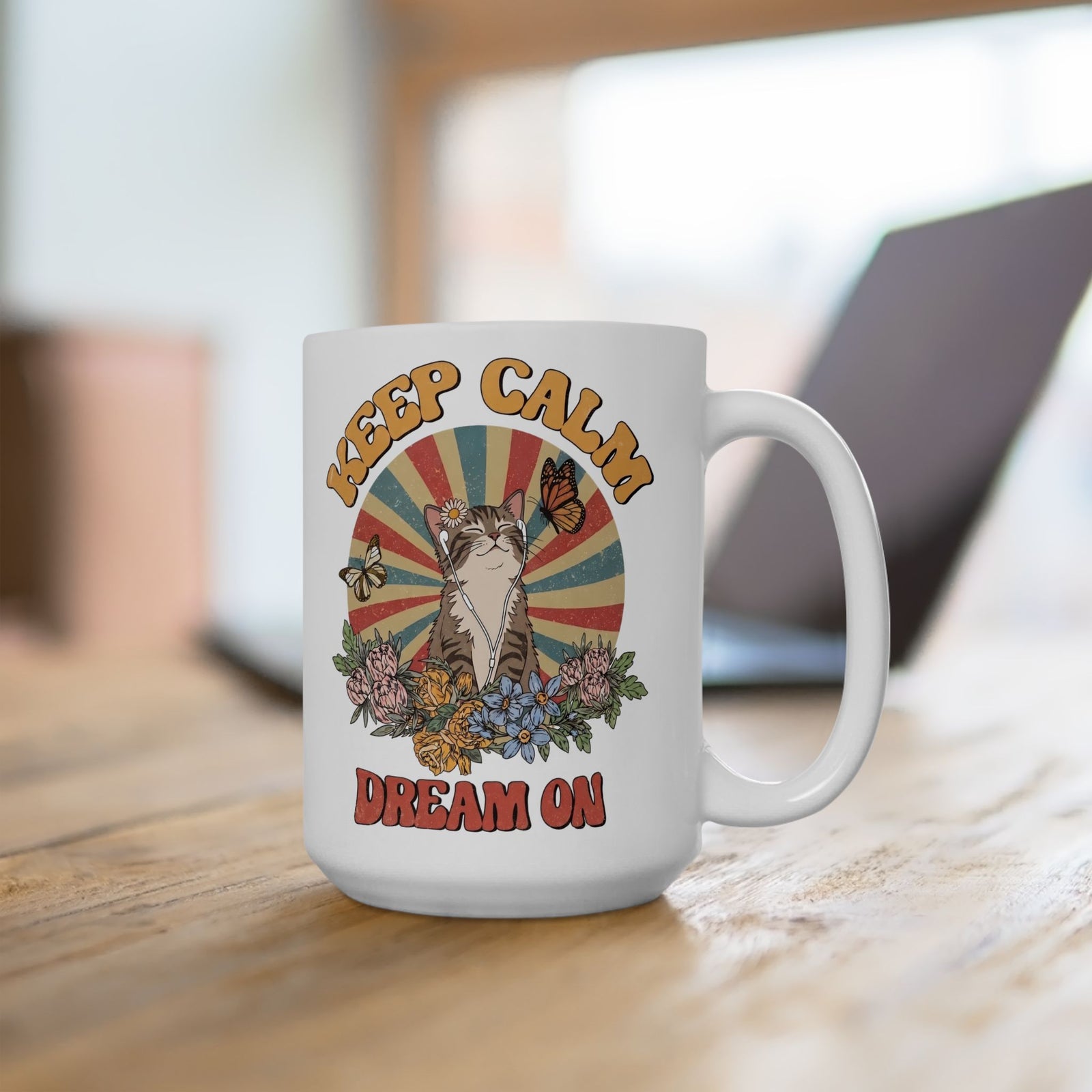 Keep Calm Dream On Cat Ceramic Mug — Retro 70s Hippie Feline Graphic