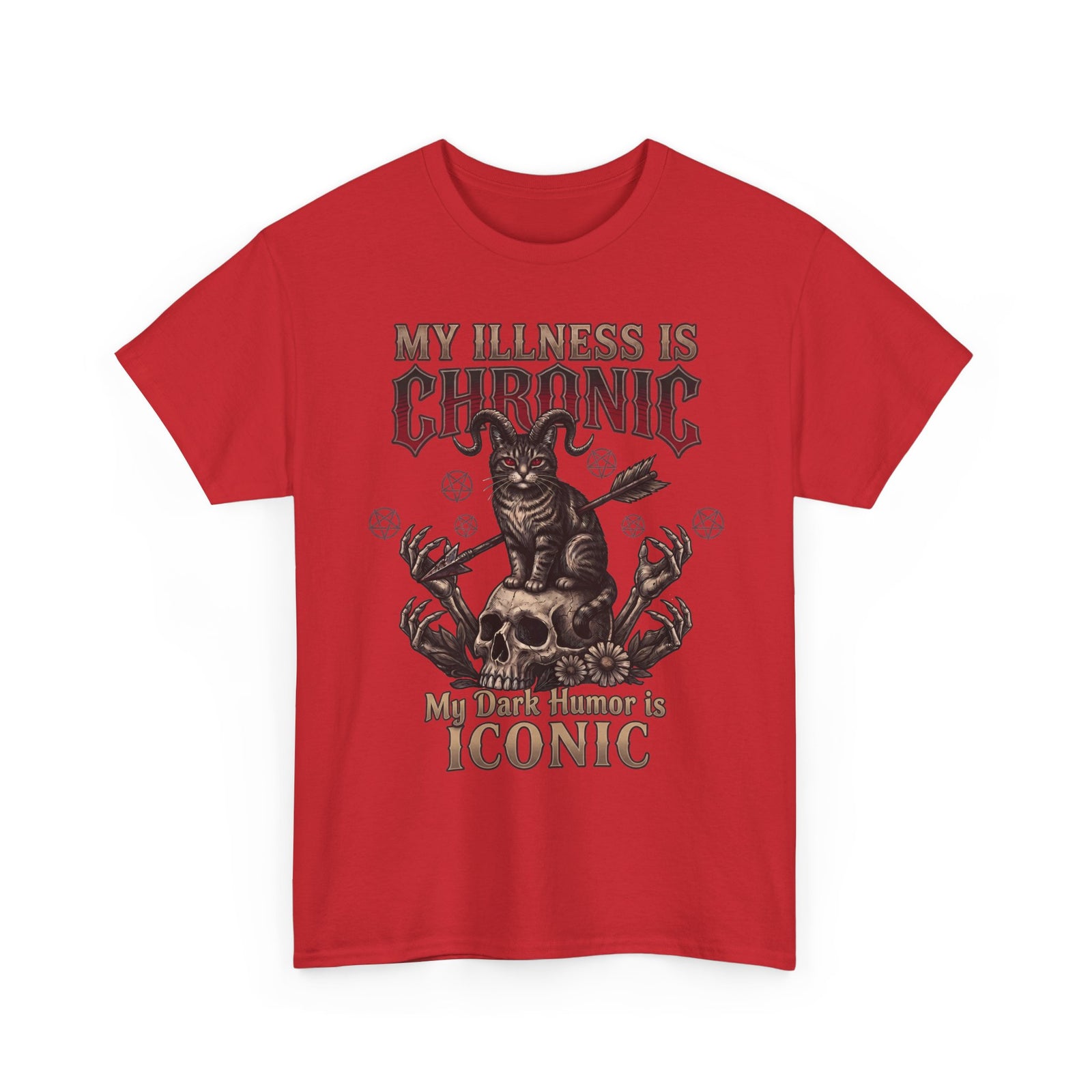 My Illness Is Chronic My Dark Humor Is Iconic T-Shirt — Gothic Horned Cat Tee