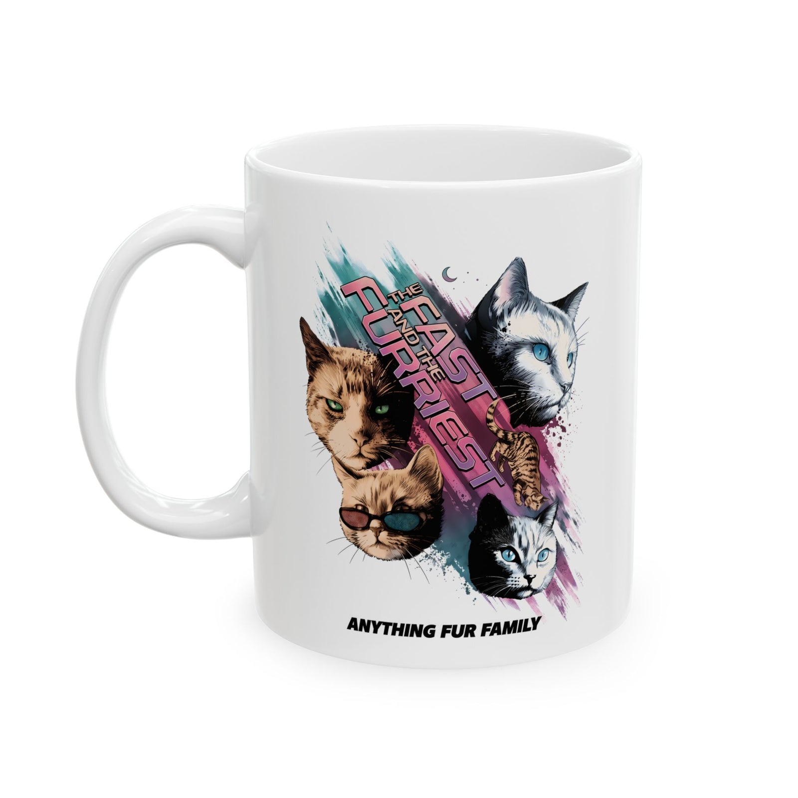 The Fast And The Furriest Ceramic Mug — Funny Cat Action Movie Parody Mug