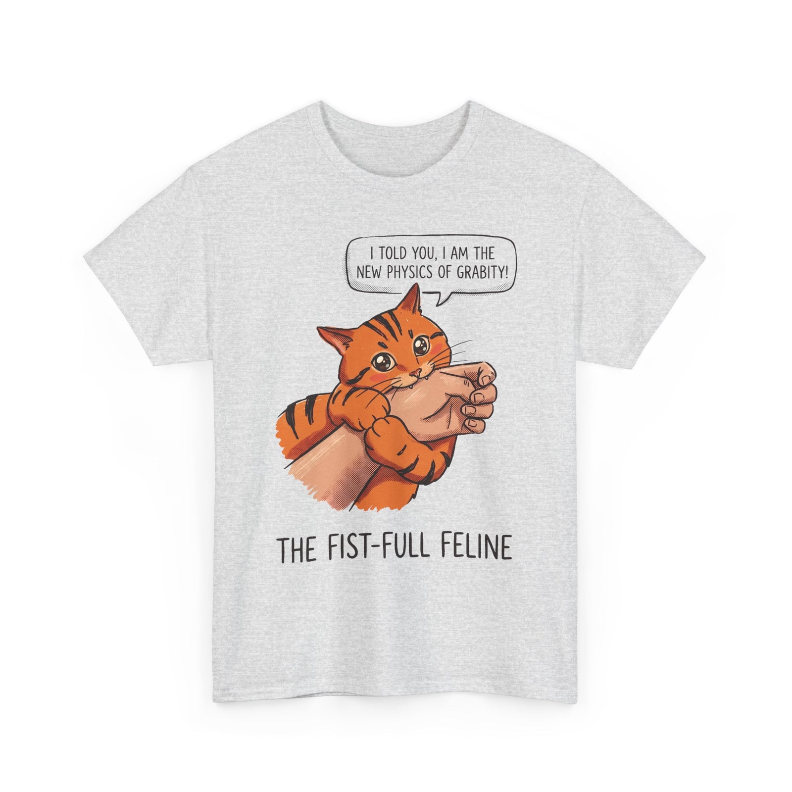 The New Physics Of Grabity T-Shirt — Funny Orange Cat Biting Hand Tee