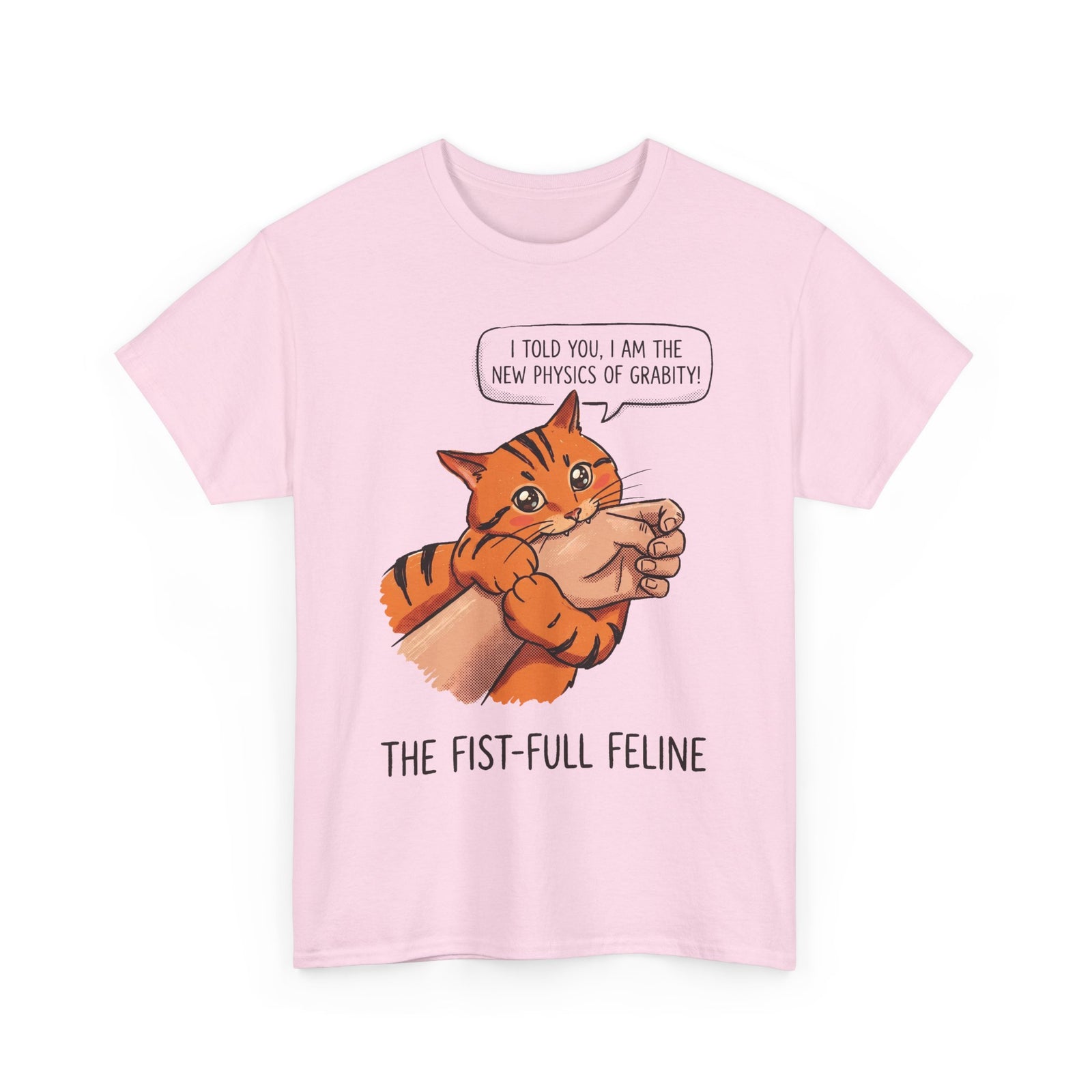 The New Physics Of Grabity T-Shirt — Funny Orange Cat Biting Hand Tee