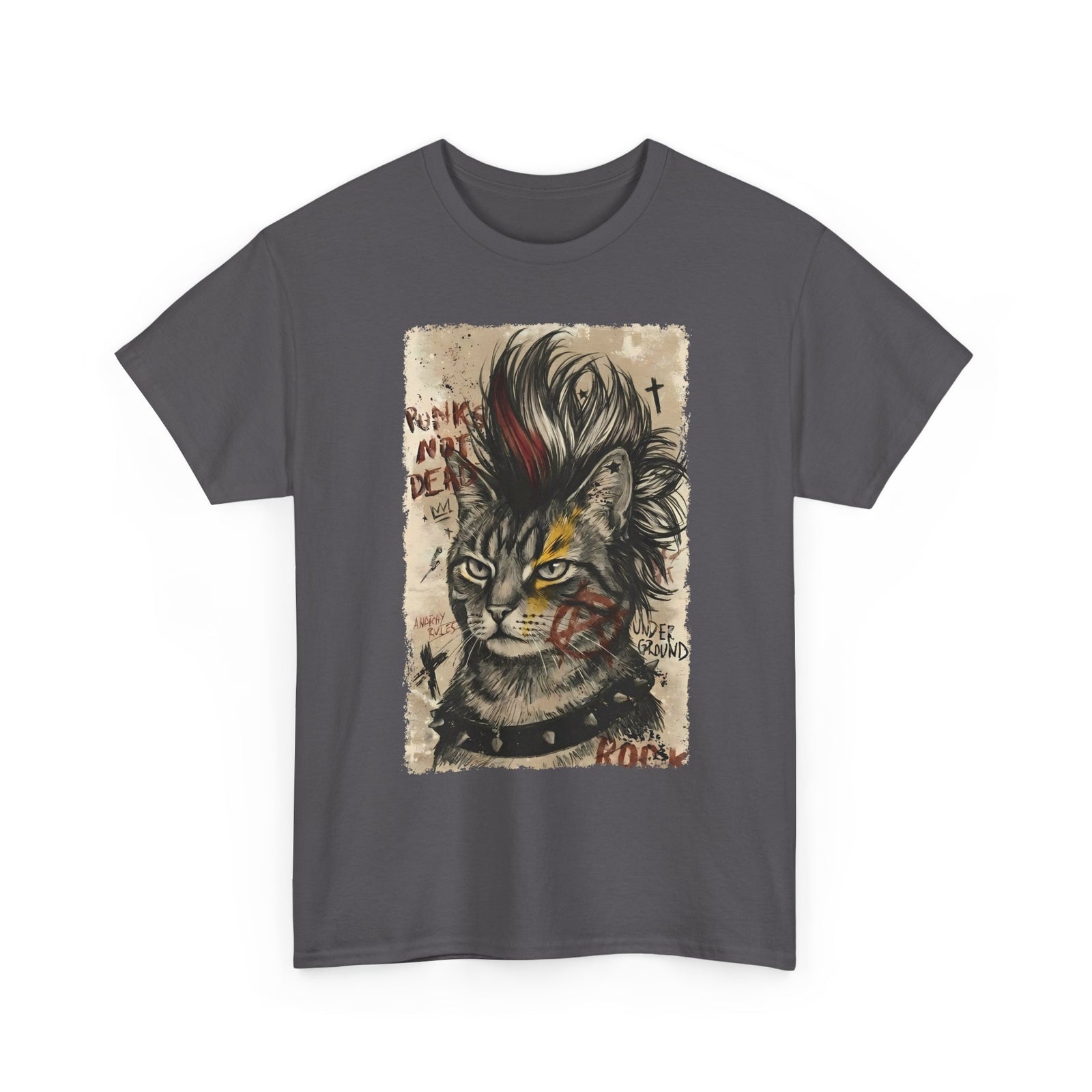 Punks Not Dead Cat T-Shirt — Edgy Mohawk Anarchy Feline Graphic