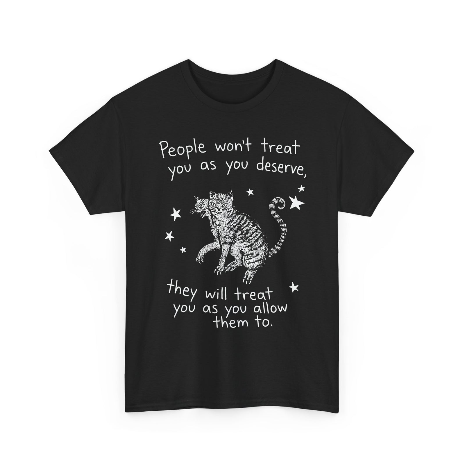 Two-Headed Tabby Cat T-Shirt — "People Won't Treat You As You Deserve" Gothic Woodcut Tee