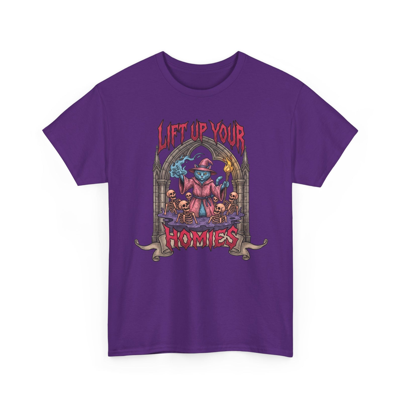 Lift Up Your Homies Wizard Cat T-Shirt — Necromancer Skeleton Feline Tee