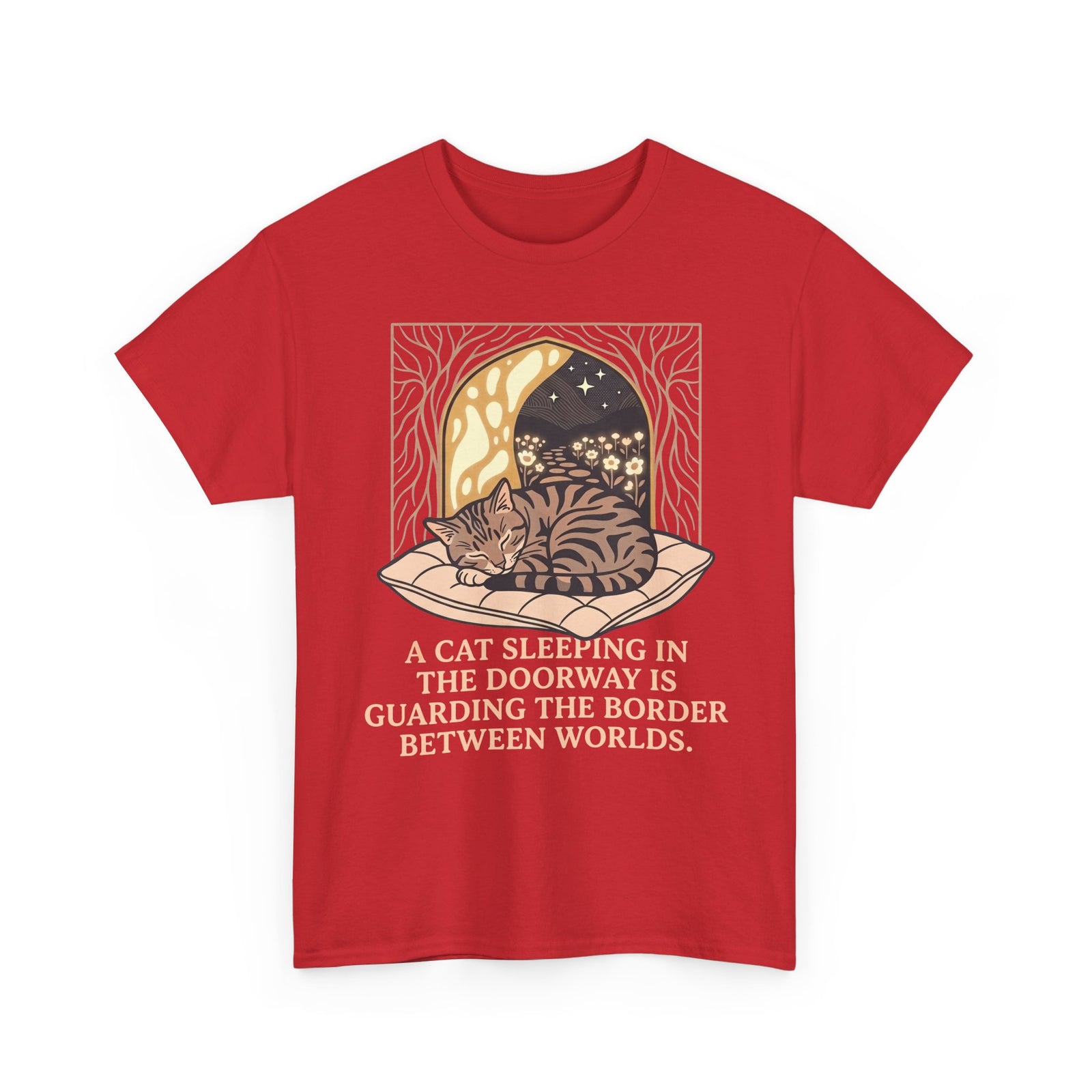 Mystical Cat Sleeping in the Doorway T-Shirt — "Guarding the Border Between Worlds"