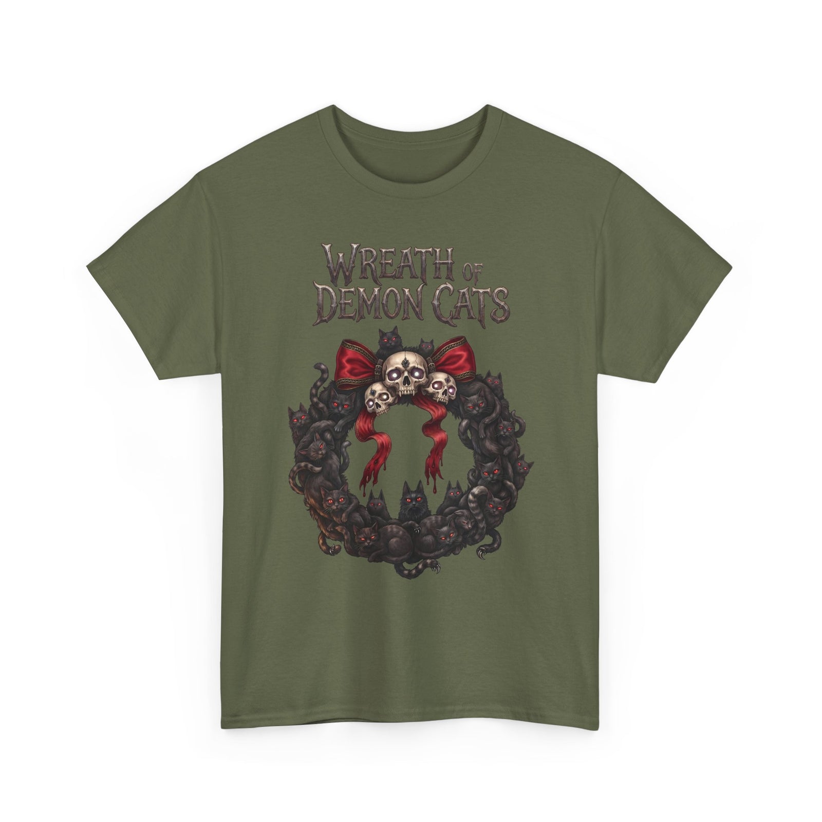 Wreath Of Demon Cats T-Shirt — Gothic Black Cat Skull Wreath Tee