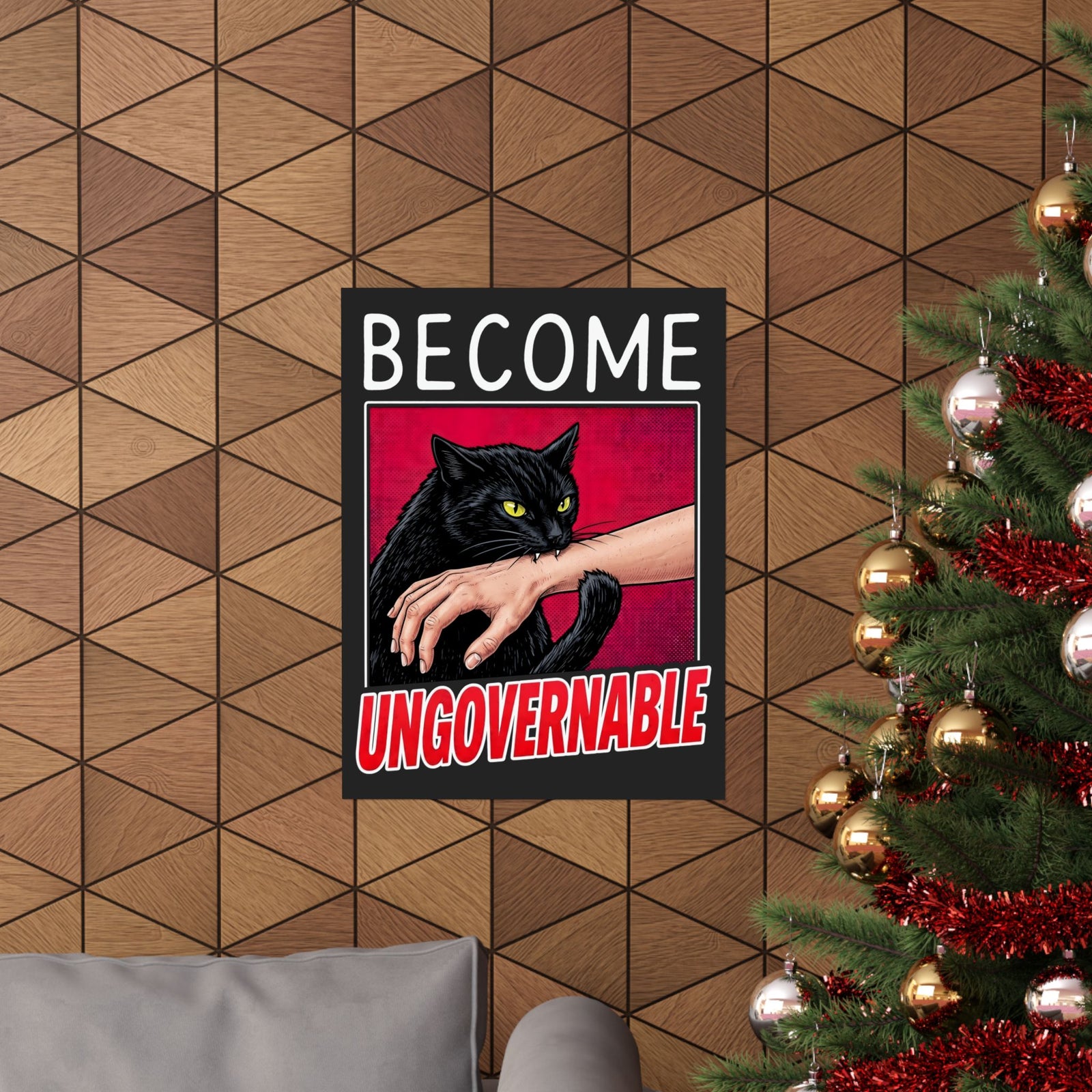 Become Ungovernable Black Cat Poster — Funny Rebel Feline Biting Arm Poster