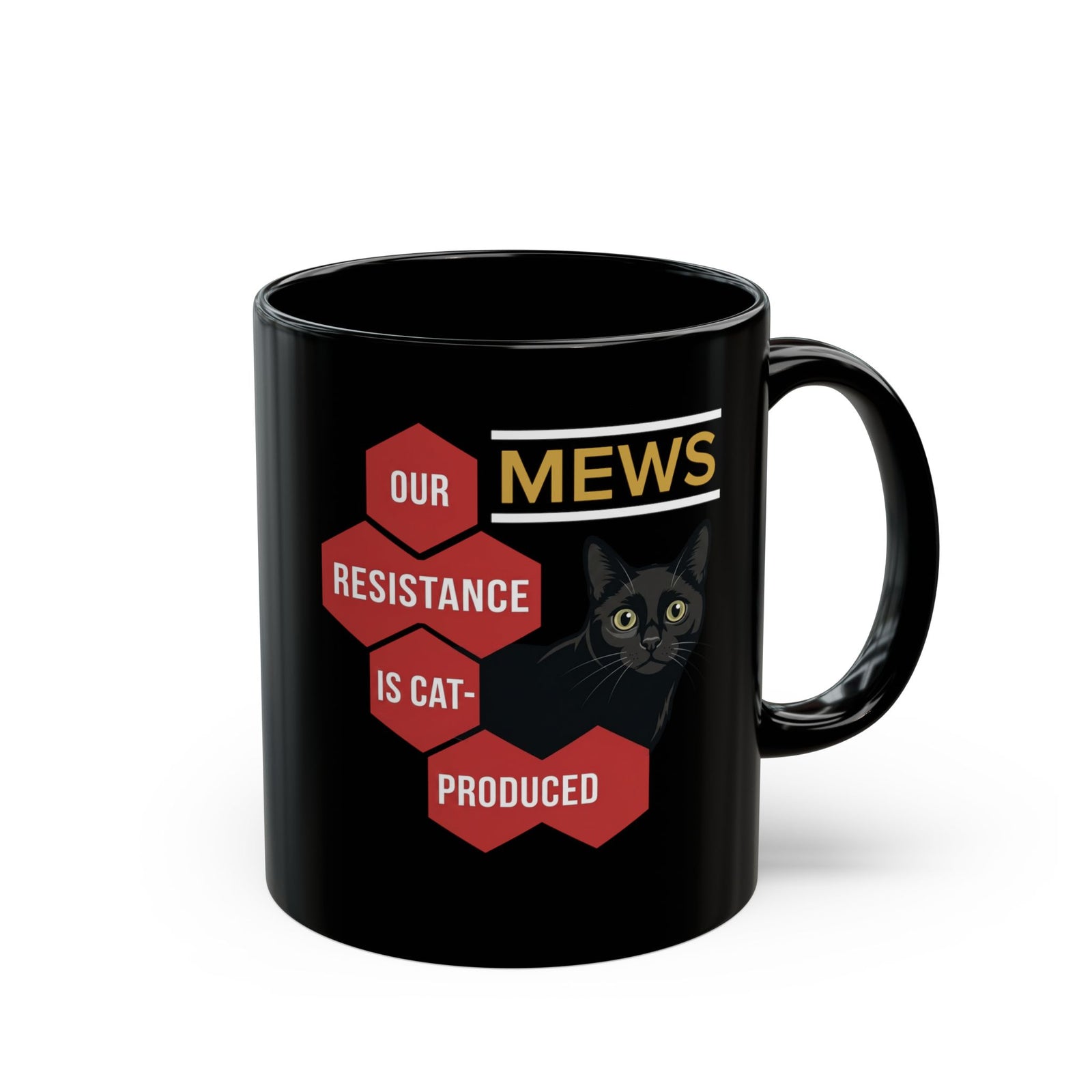 Mews Resistance Is Cat-Produced Mug — Funny Cat Protest Graphic Black Mug