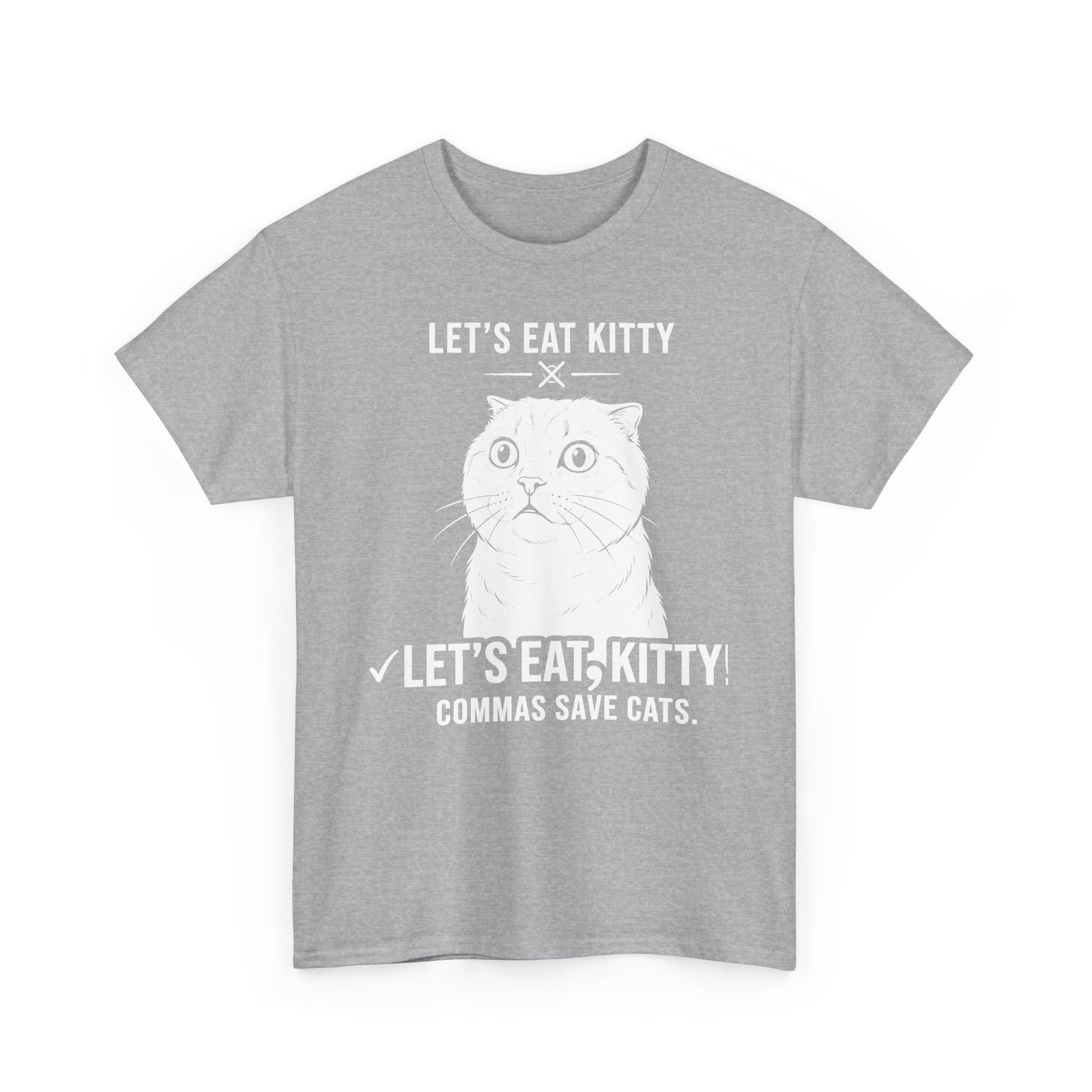 Let’s Eat, Kitty T-Shirt — Funny Grammar Cat Tee ("Commas Save Cats")