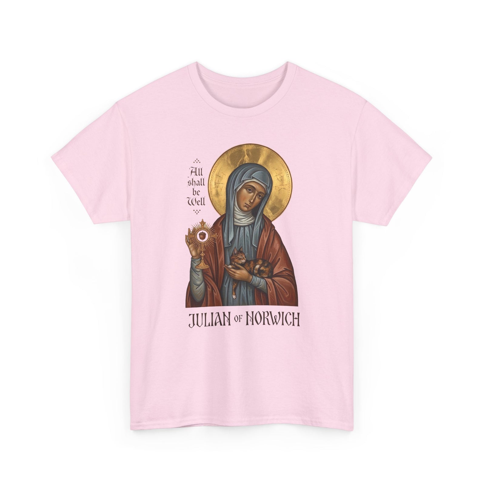 Julian of Norwich & Cat T-Shirt — Spiritual Saint Tee for Cat Lovers