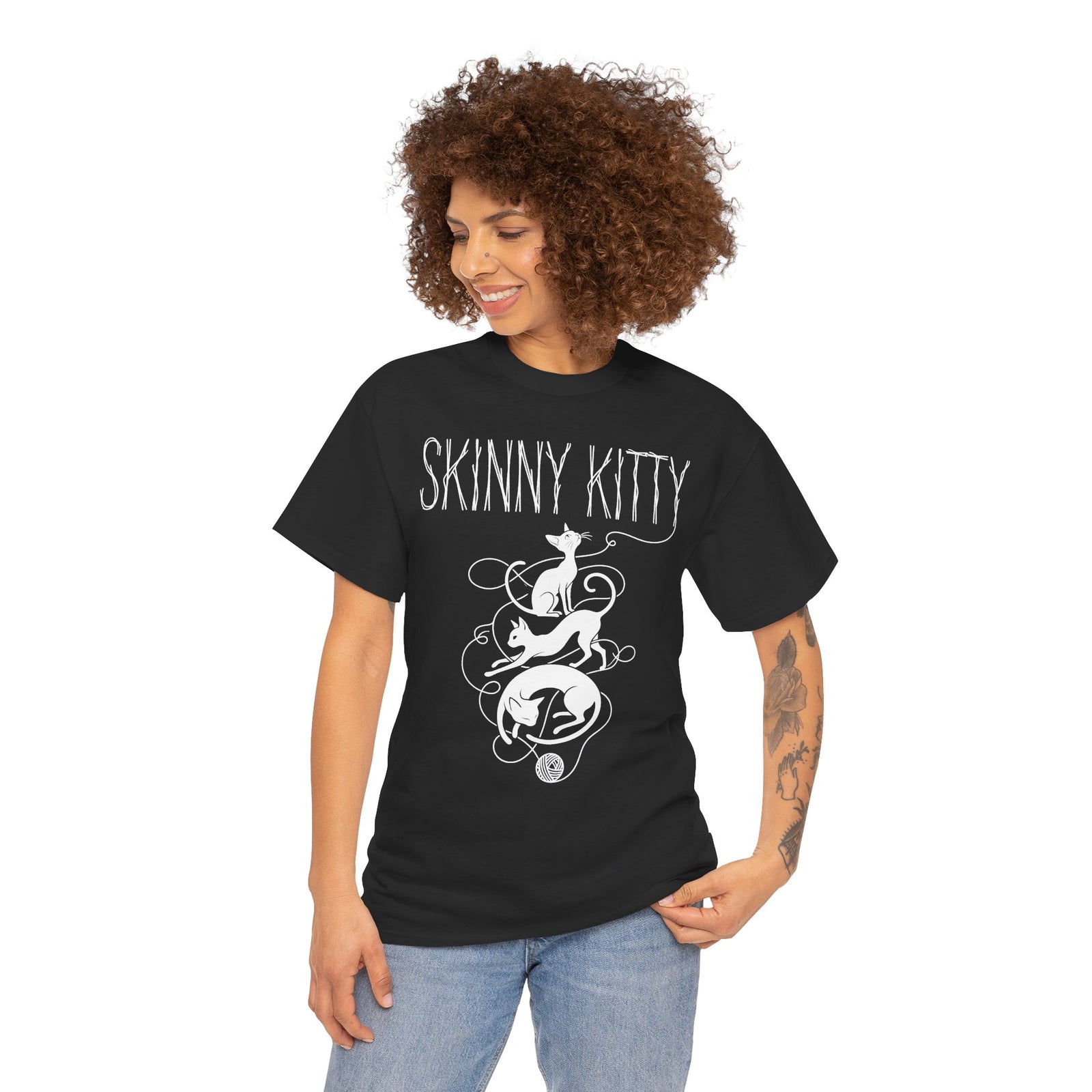 Skinny Kitty Graphic Tee — White Cat Silhouette Shirt for Cat Lovers