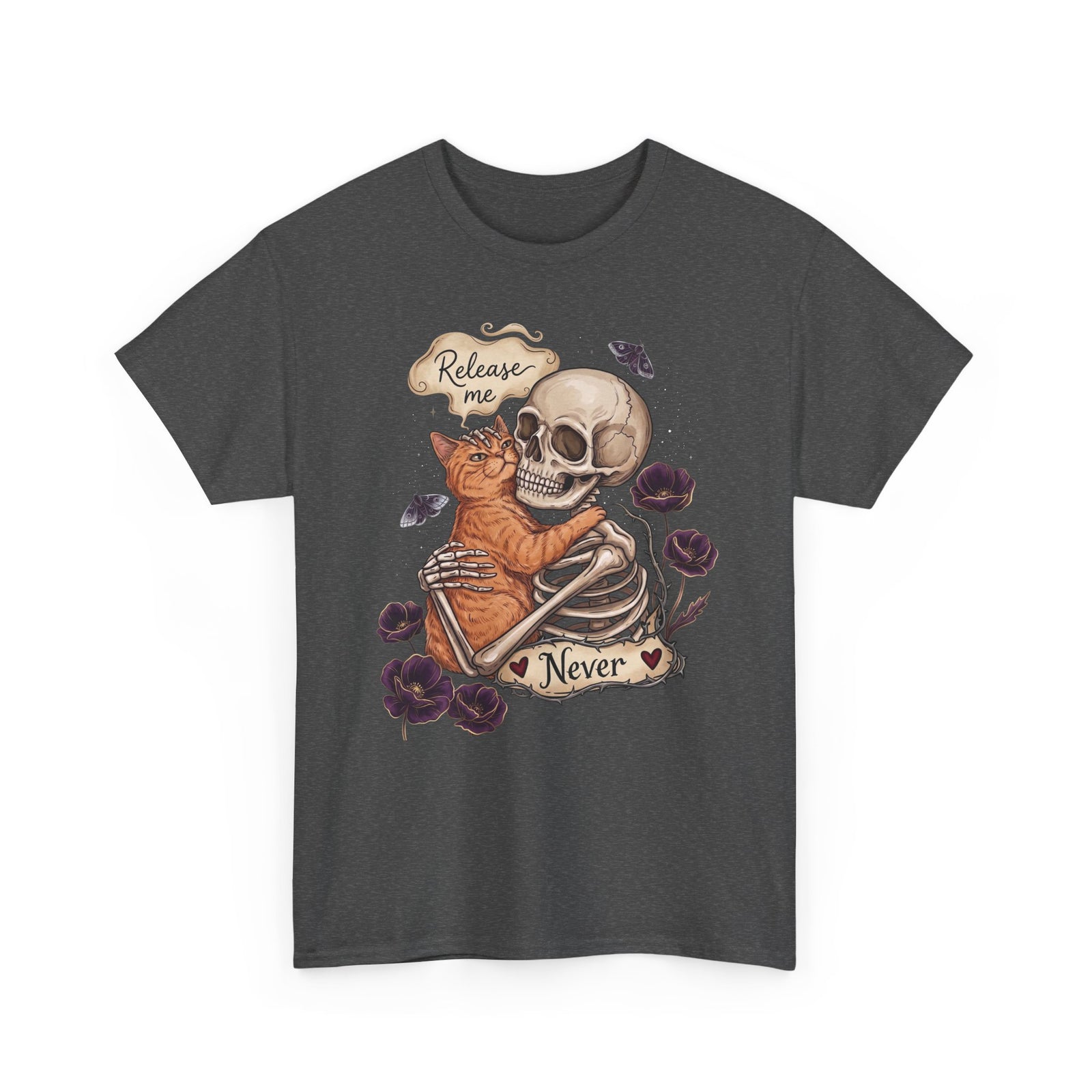 Funny Clingy Skeleton & Cat T-Shirt — Dark Aesthetic Cat Tee