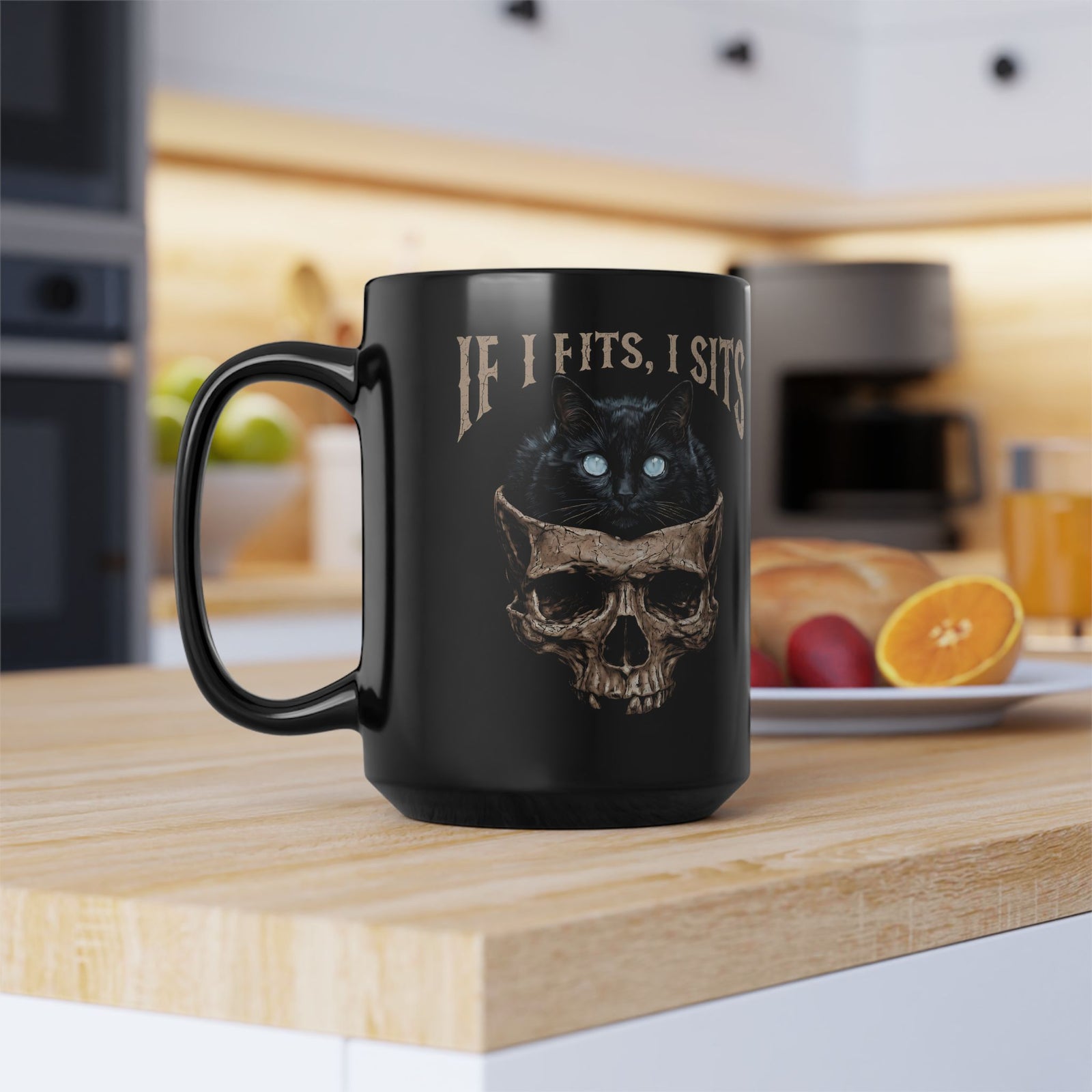 If I Fits I Sits Cat Black Mug — Funny Gothic Black Cat Skull Graphic