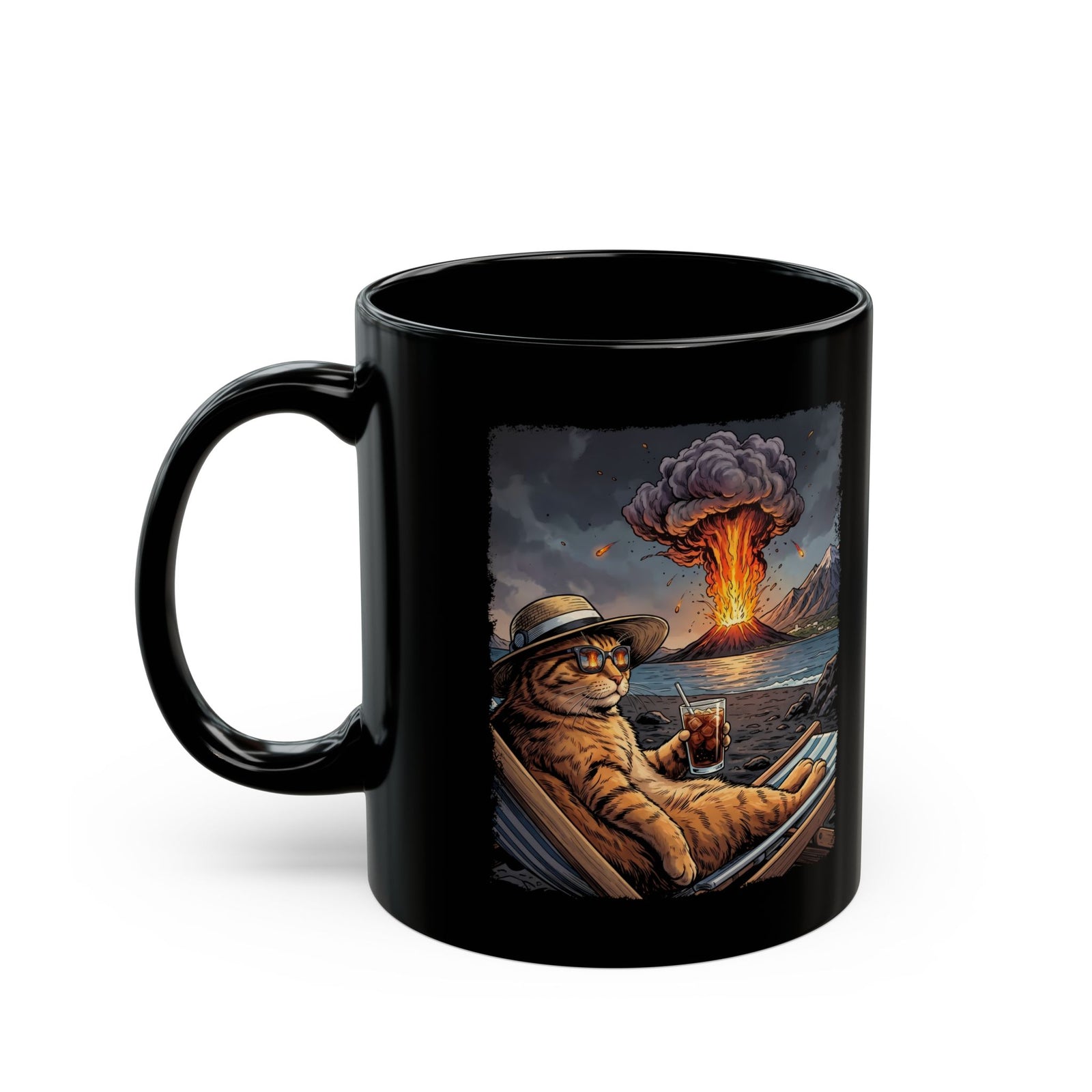 Unbothered Orange Cat Volcano Black Mug — Funny Chaos Beach Lounging Mug