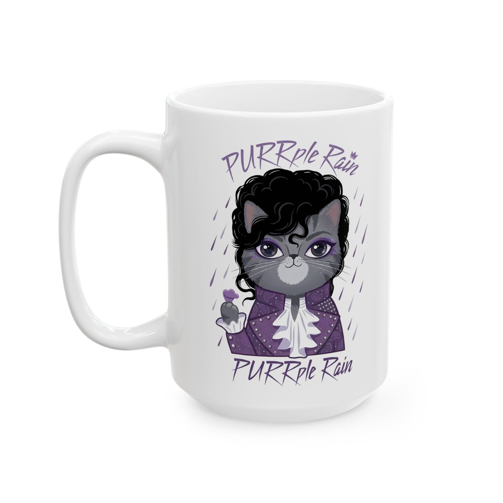 Purrple Rain Cat Parody Ceramic Mug — Cute Cat 'Purrple Rain' Graphic Mug