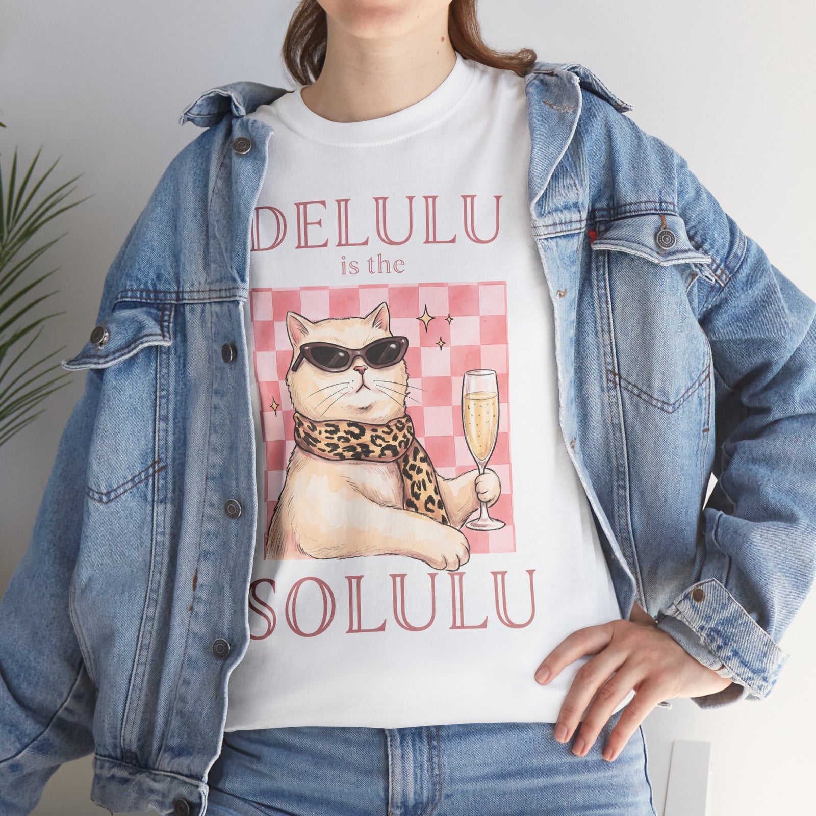 Delulu Is The Solulu T-Shirt — Funny Sassy Cat Champagne Graphic Tee