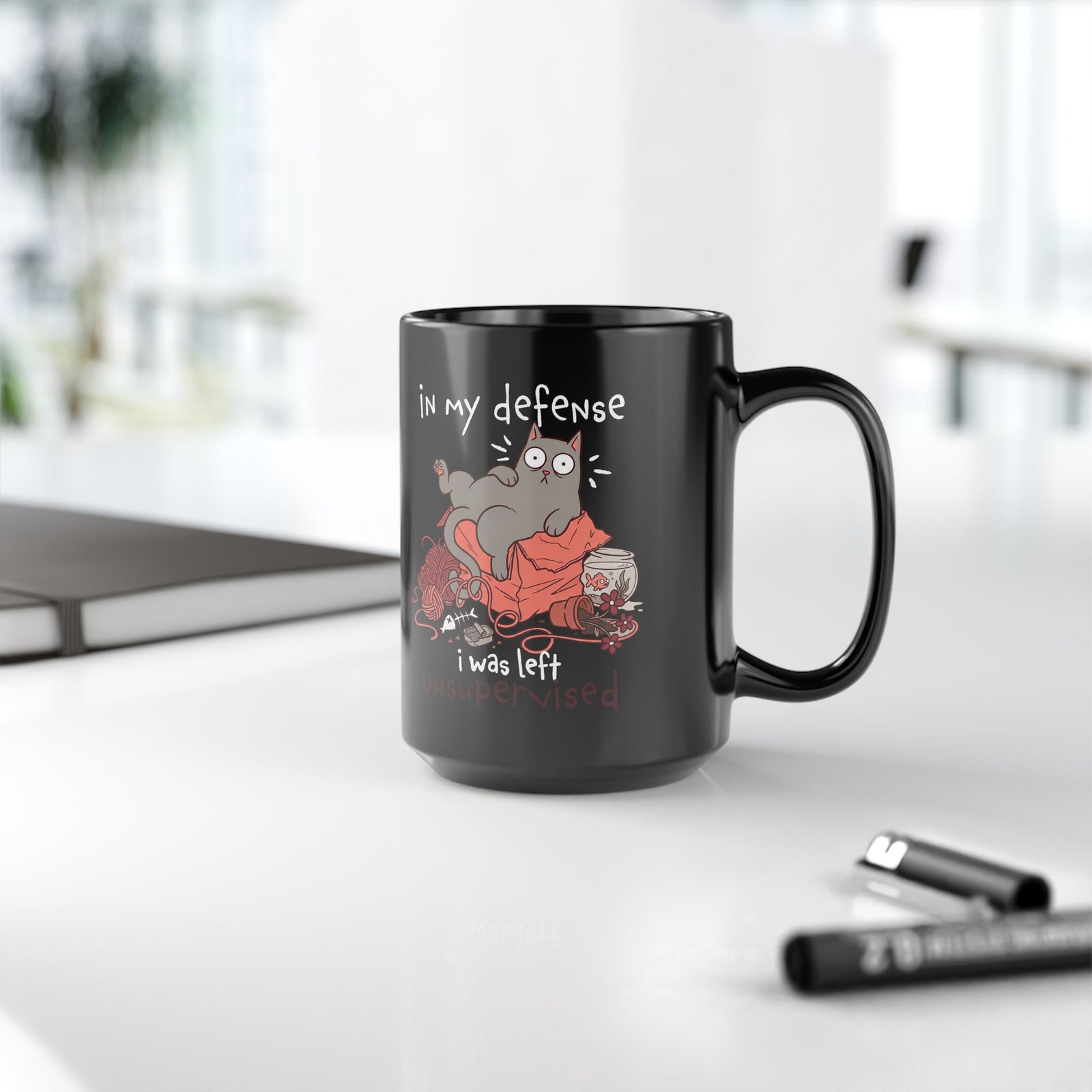 Cute Messy Cat Black Mug — "In My Defense, I Was Left Unsupervised" Cat Mug