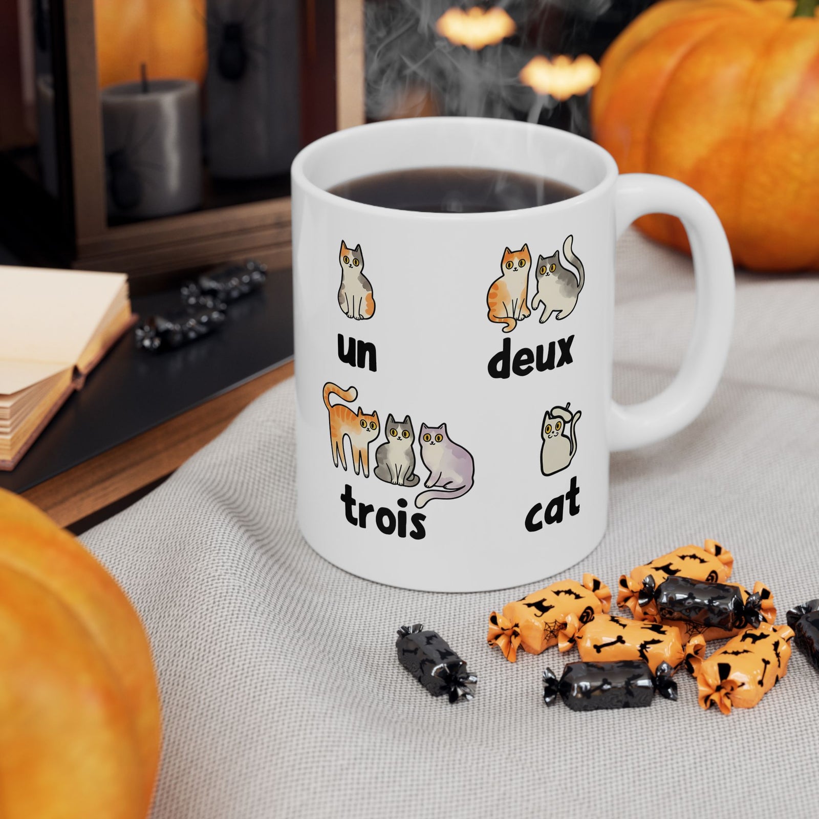 Un Deux Trois Cat Ceramic Mug — Cute French Cat Graphic Mug