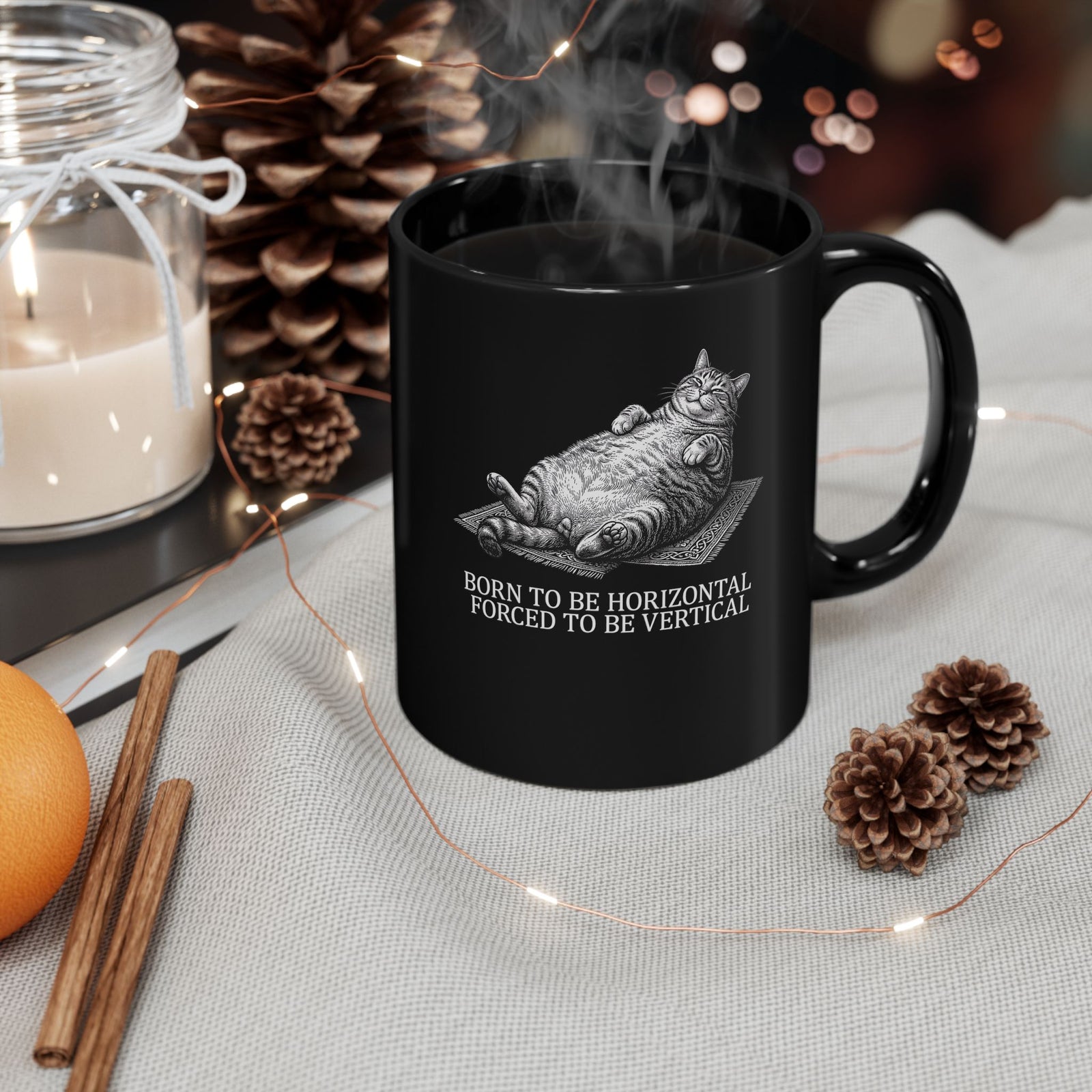 Born to Be Horizontal Fat Cat Black Mug — Funny Lazy Cat Mug