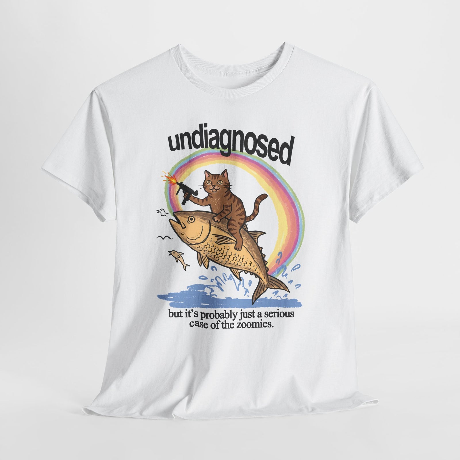 Undiagnosed Case Of The Zoomies T-Shirt — Machine Gun Cat Riding Fish Tee