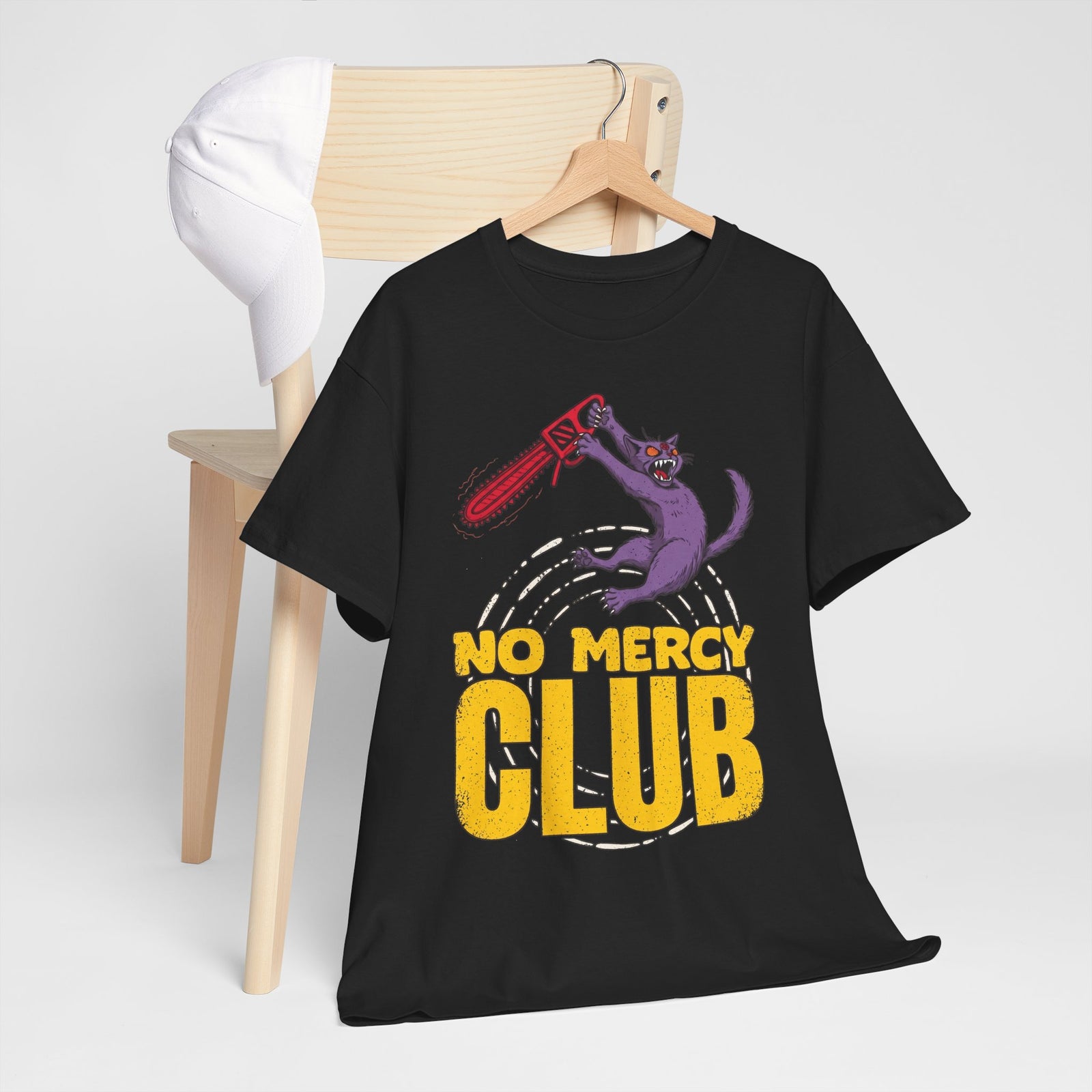 No Mercy Club Chainsaw Cat T-Shirt — Funny Unhinged Horror Cat Tee