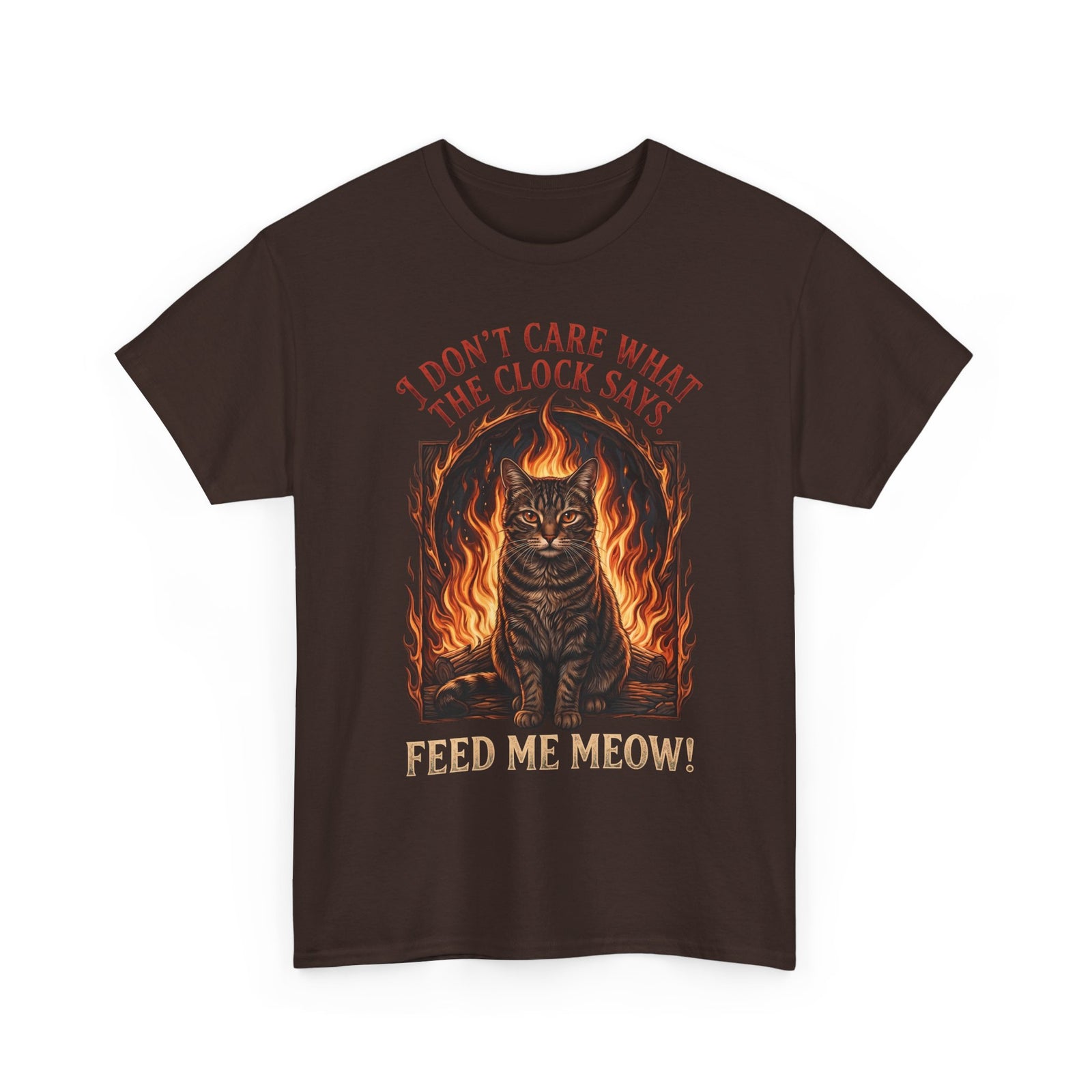 Feed Me Meow T-Shirt — Funny Hungry Tabby Cat Fiery Graphic Tee