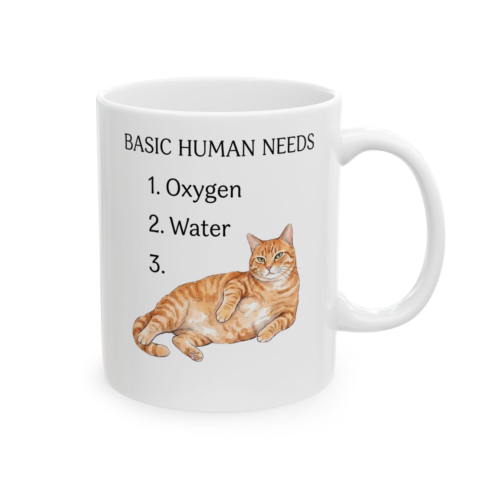 Basic Human Needs Orange Cat Ceramic Mug — Funny Sarcastic Tabby Mug