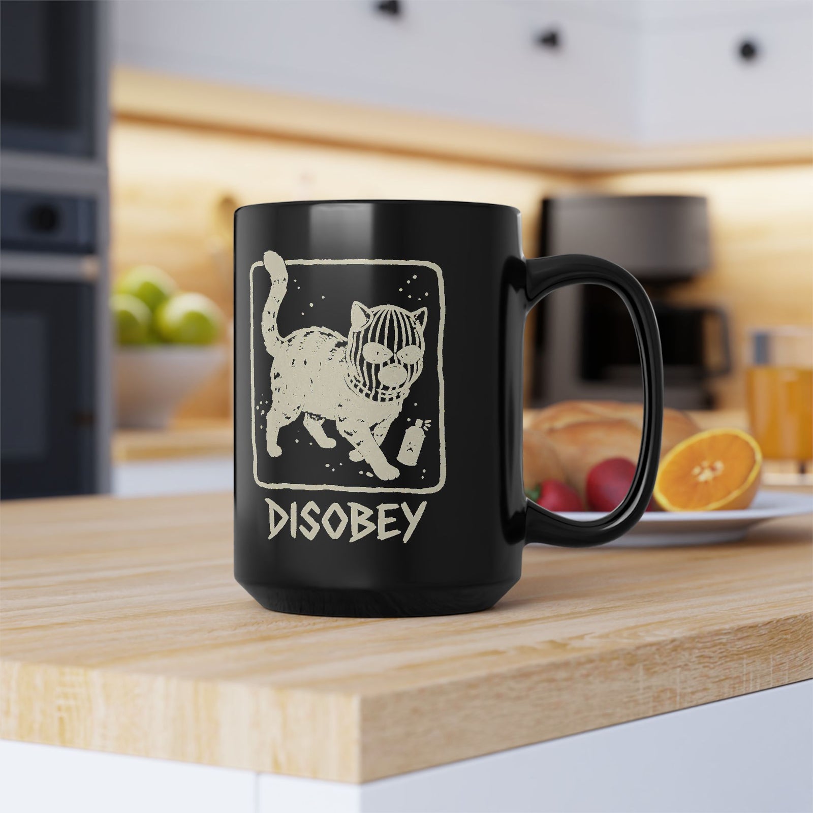 Cat Disobey Black Mug — Funny Rebellious Cat Mug for Cat Lovers