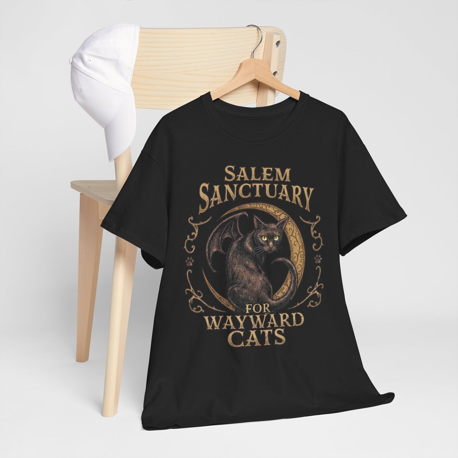 Salem Sanctuary For Wayward Cats T-Shirt — Winged Black Cat Gothic Tee