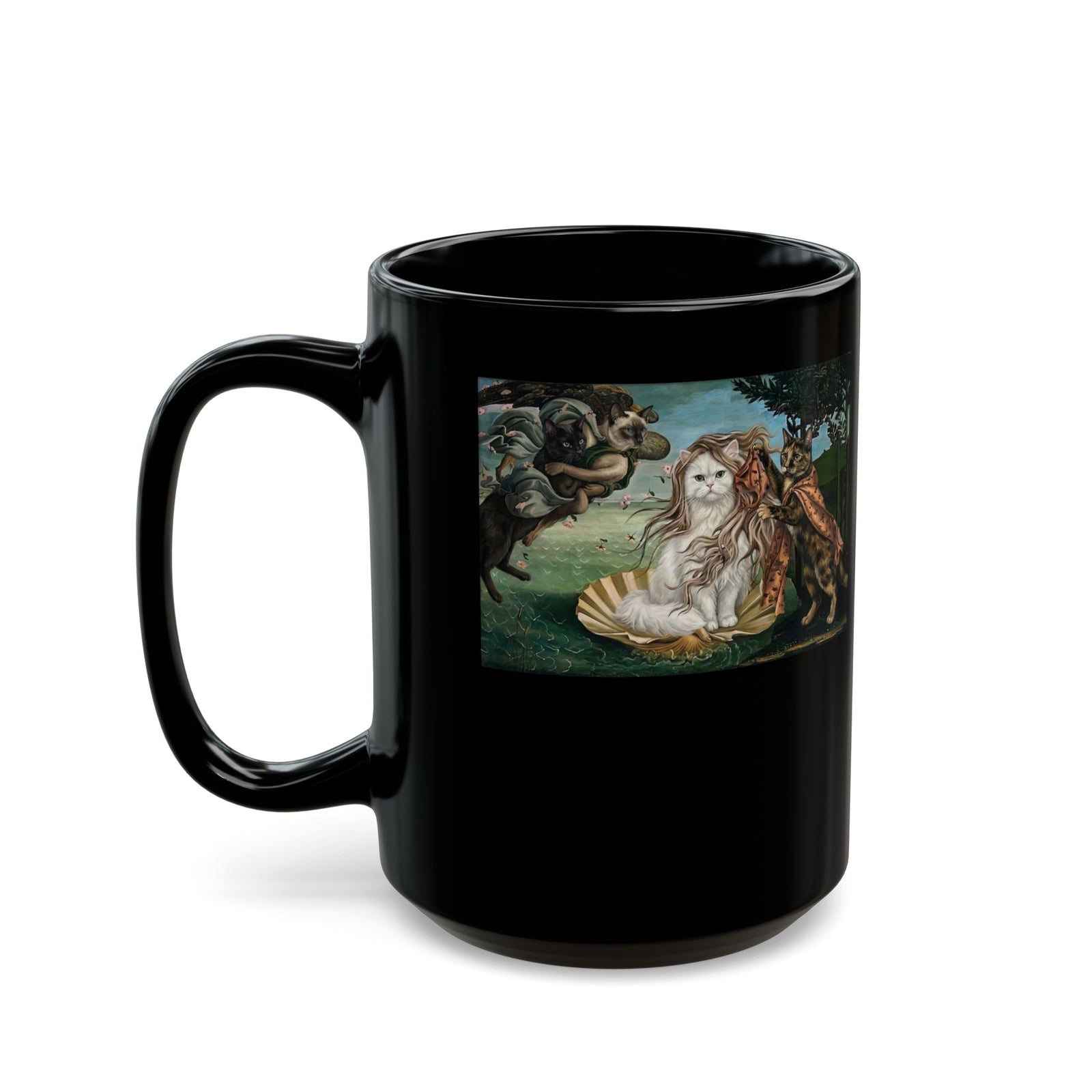 Birth of Venus Kitty Black Mug — Vintage Art Cat Mug