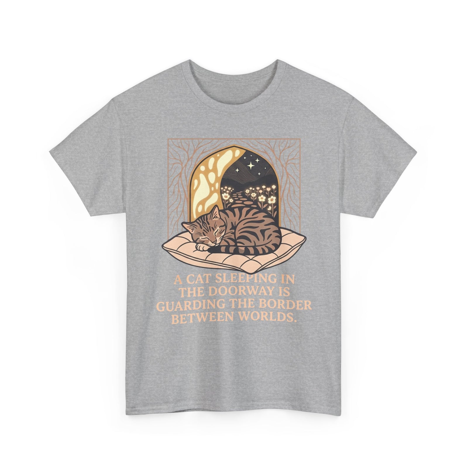 Mystical Cat Sleeping in the Doorway T-Shirt — "Guarding the Border Between Worlds"