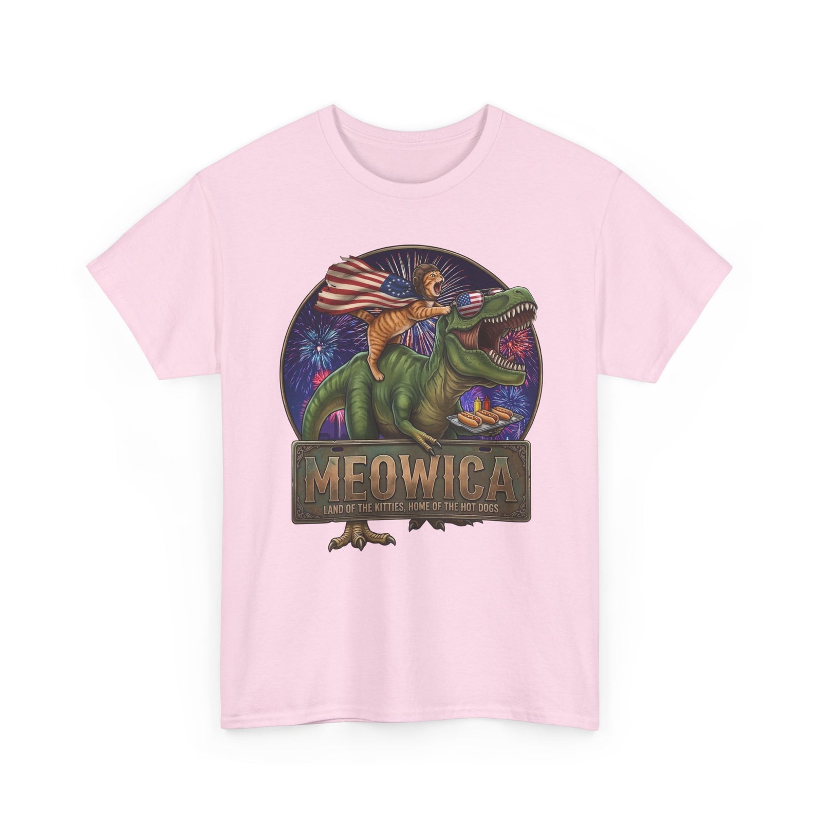 4th of July Cat Riding T‑Rex T‑Shirt "Meowica: Land of the Kitties" Patriotic Graphic