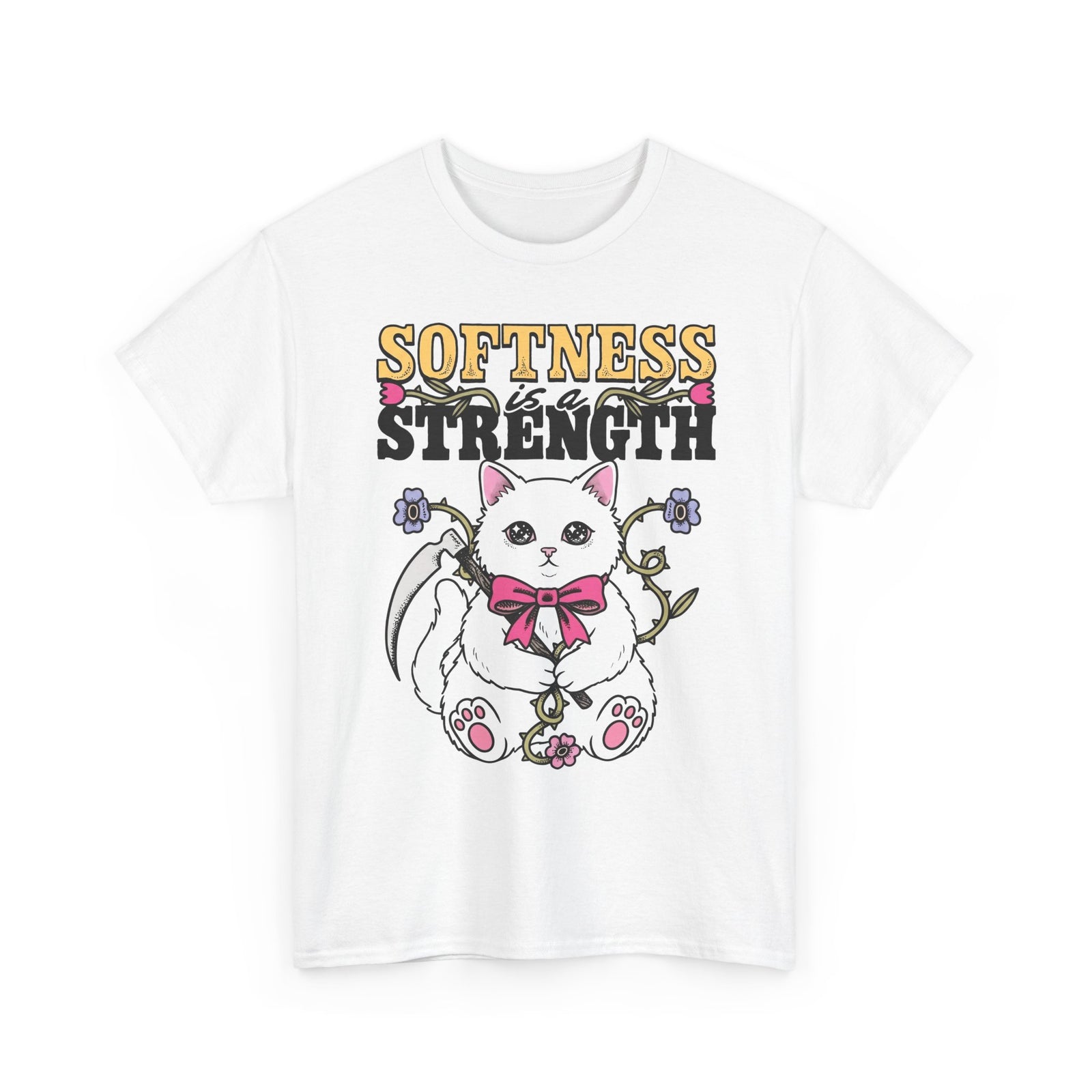 Softness Is A Strength T-Shirt — Funny Cute White Kitten Scythe Graphic Tee