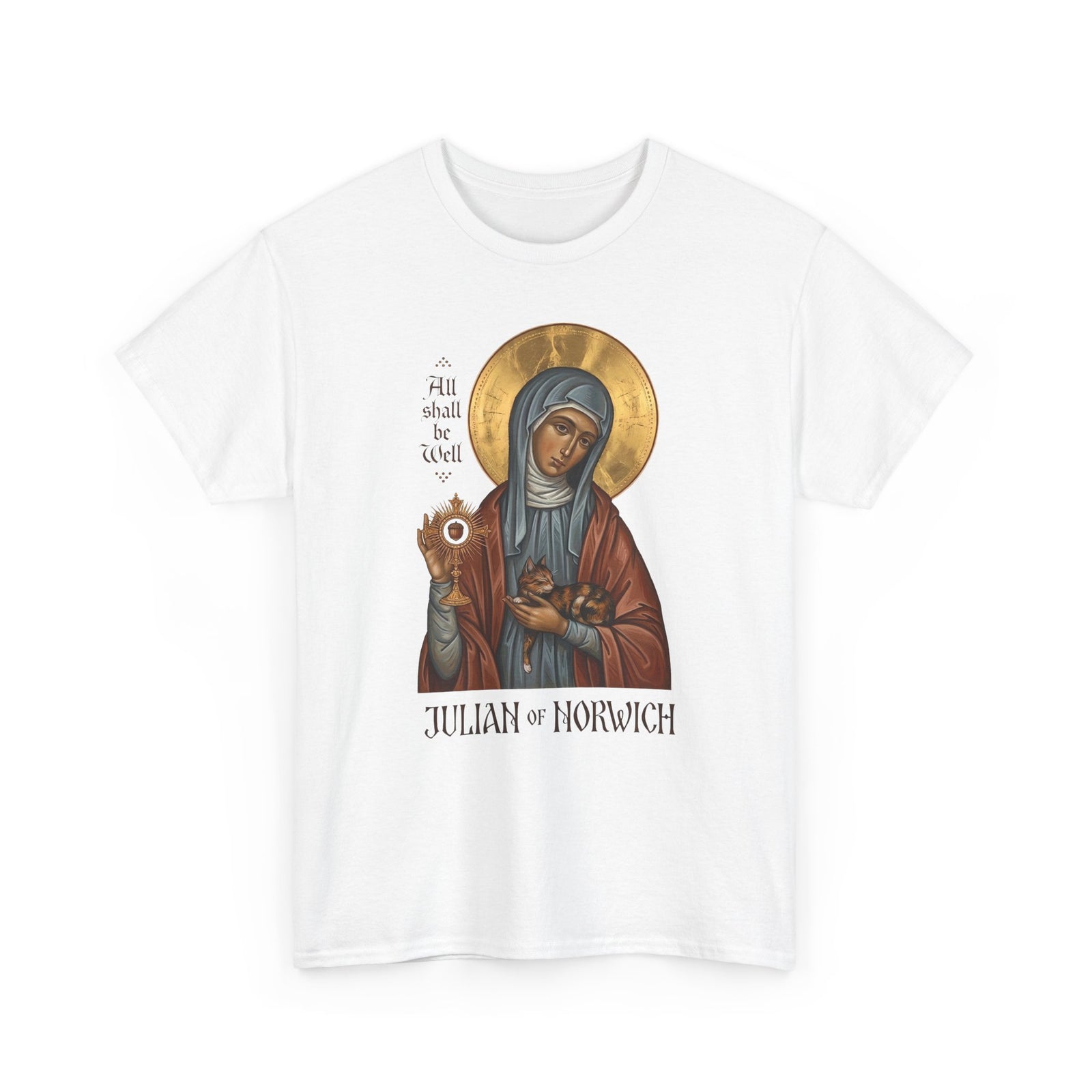 Julian of Norwich & Cat T-Shirt — Spiritual Saint Tee for Cat Lovers
