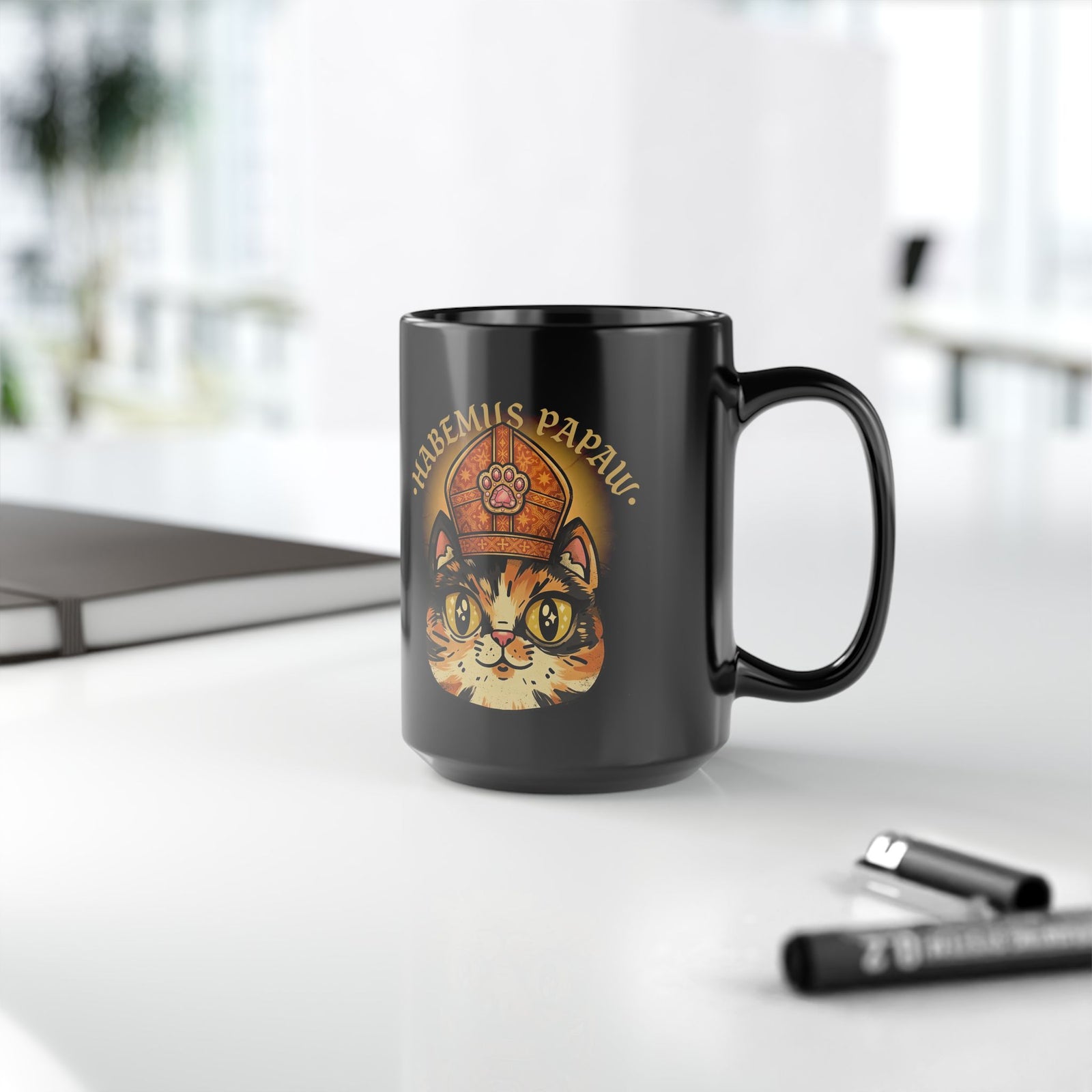 Funny 'Habemus Papaw' Catholic Kitten Black Mug — Pope Cat Graphic Mug