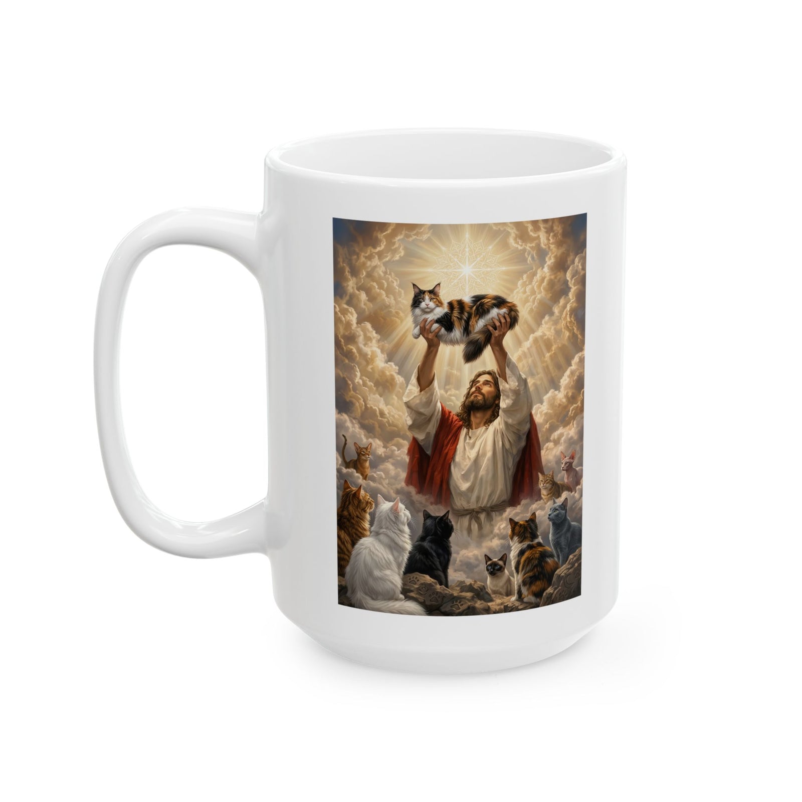 Jesus With Cats Ceramic Mug — Christian Cat Lover Mug